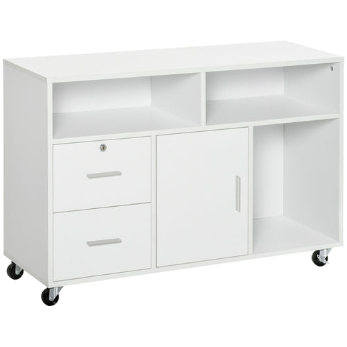 Lateral Filing Cabinet with Open Storage Shelf, Printer Stand Home Office Mobile File Cabinet with Wheels, Lockable Drawer, White