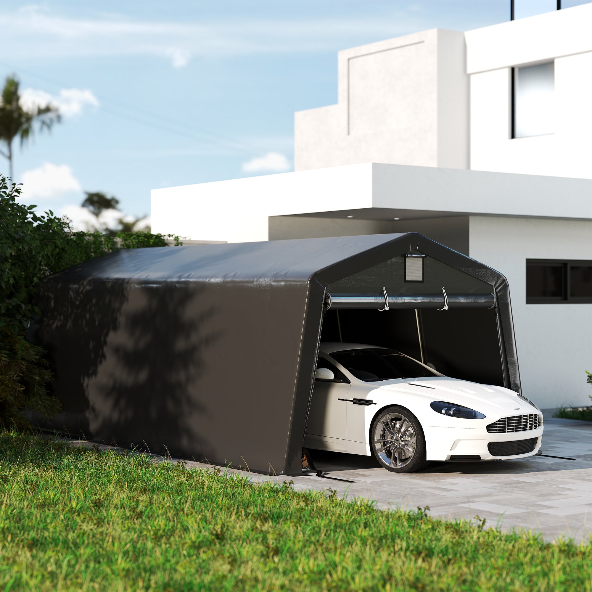 11' x 20' Portable Garage, Heavy Duty Carport Canopy with Ventilation Windows and Large Roll-up Door, Dark Grey Car Shelters at Gallery Canada