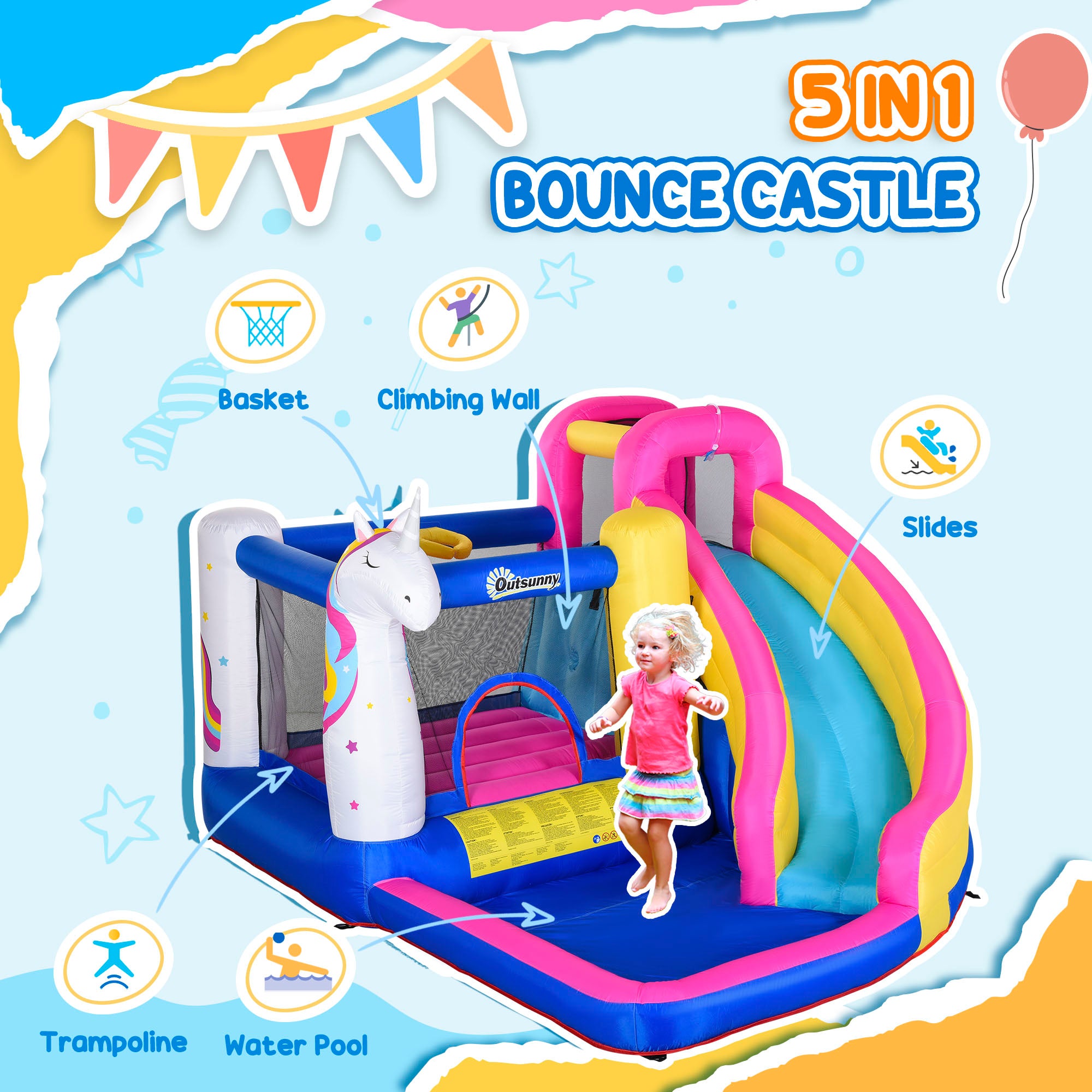 Kids 5 in 1 Inflatable Bounce Castle House, Trampoline Water Slide Pool Climbing Wall with Inflator for Kids Age 3-12 Summer 12.4' x 10.5' x 6.9' - Multi-color Inflatables at Gallery Canada