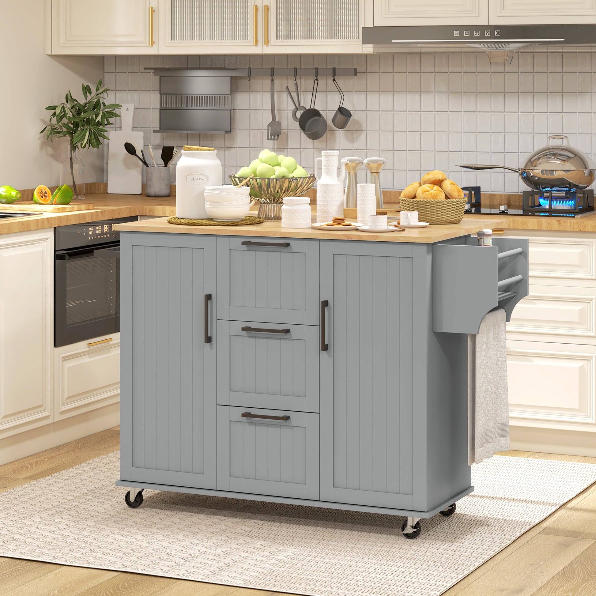 Rolling Kitchen Cart on Wheels with Drop Leaf, Kitchen Island with 3 Drawers, Solid Wood Top and Towel Rack, Grey Kitchen Islands & Kitchen Carts   at Gallery Canada