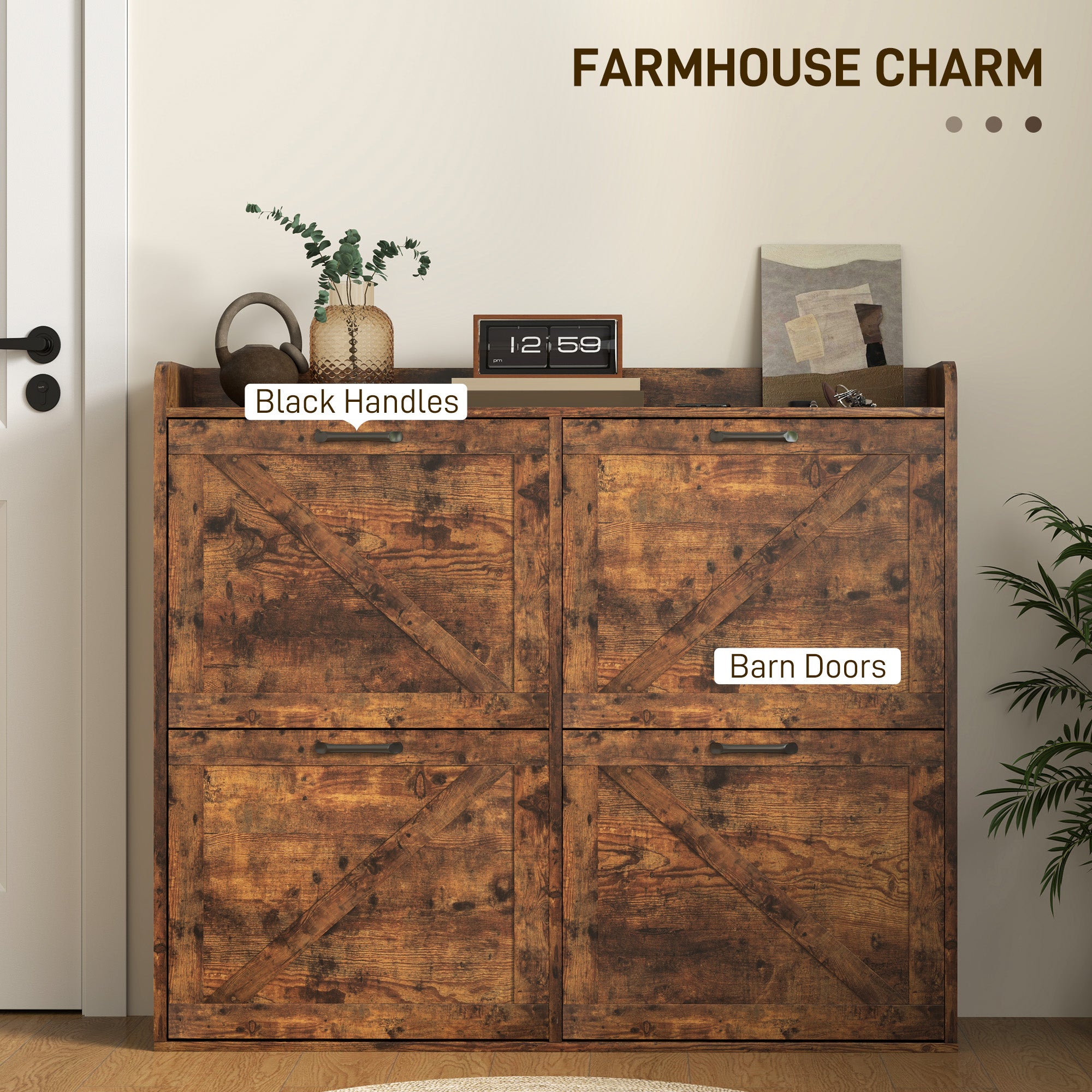 Narrow Shoe Storage Cabinet with 4 Flip Drawers, Adjustable Shelves, 16 Pair Farmhouse Shoe Cabinet, Rustic Brown Shoe Storage Cabinets & Racks at Gallery Canada