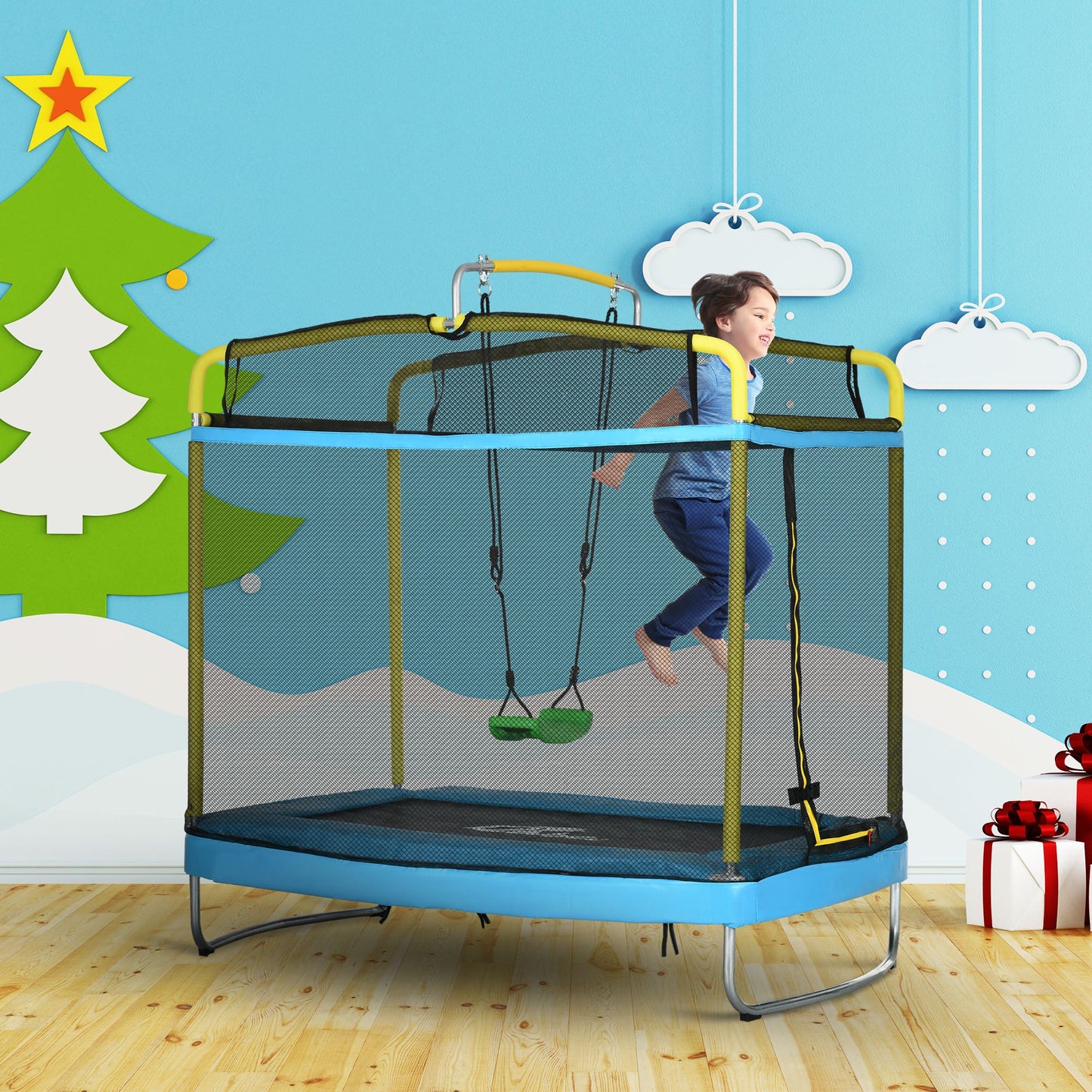 6.9FT Kids Trampoline with Safety Net, Gymnastics Bar, Swing, Toddler Trampoline for 3+ Years Old Indoor/Outdoor Trampolines   at Gallery Canada