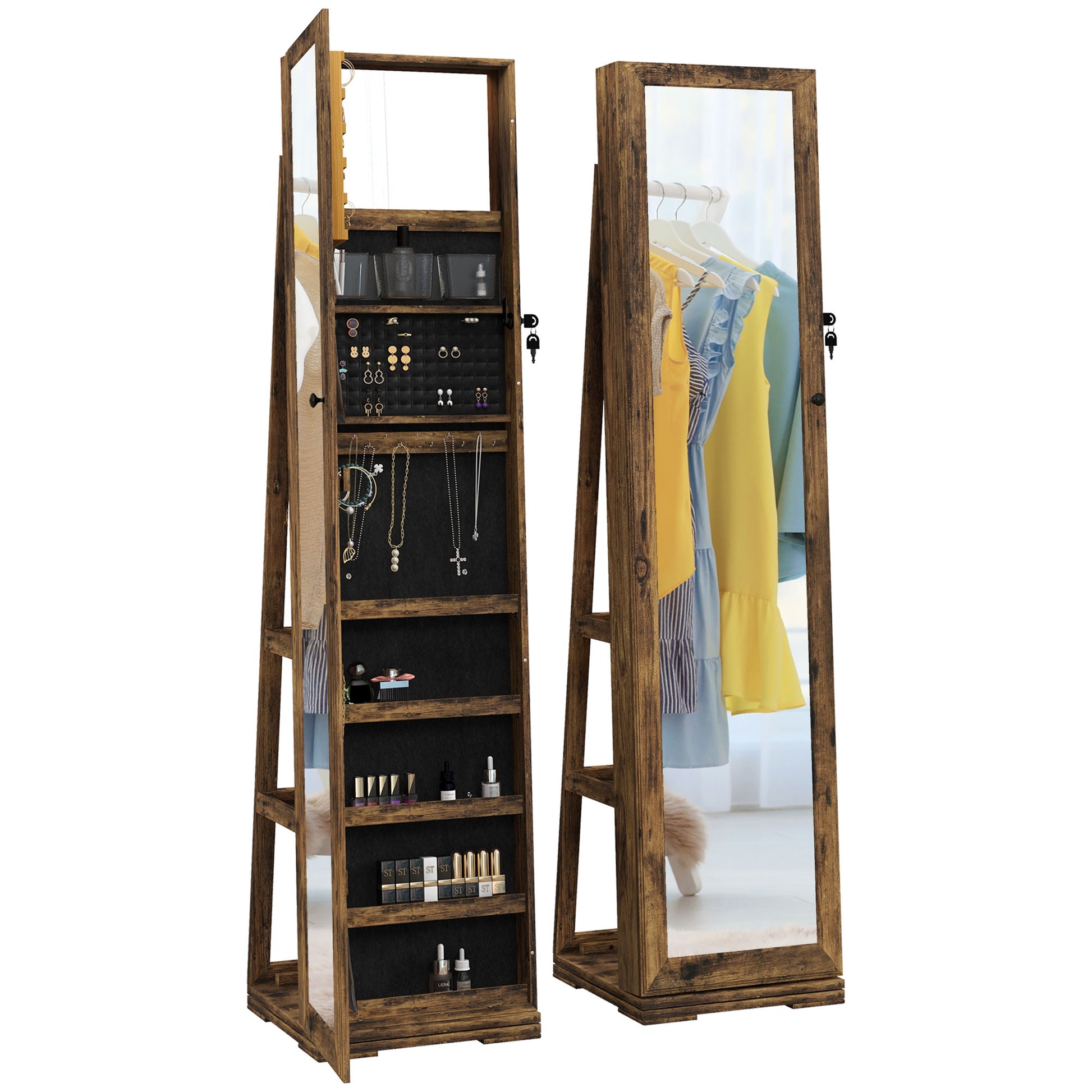 360° Swivel Jewelry Armoire, Lockable Mirror Jewelry Cabinet with Built-In Small Mirror, Rustic Brown Jewelry Armoire & Jewellery Mirror Cabinets   at Gallery Canada