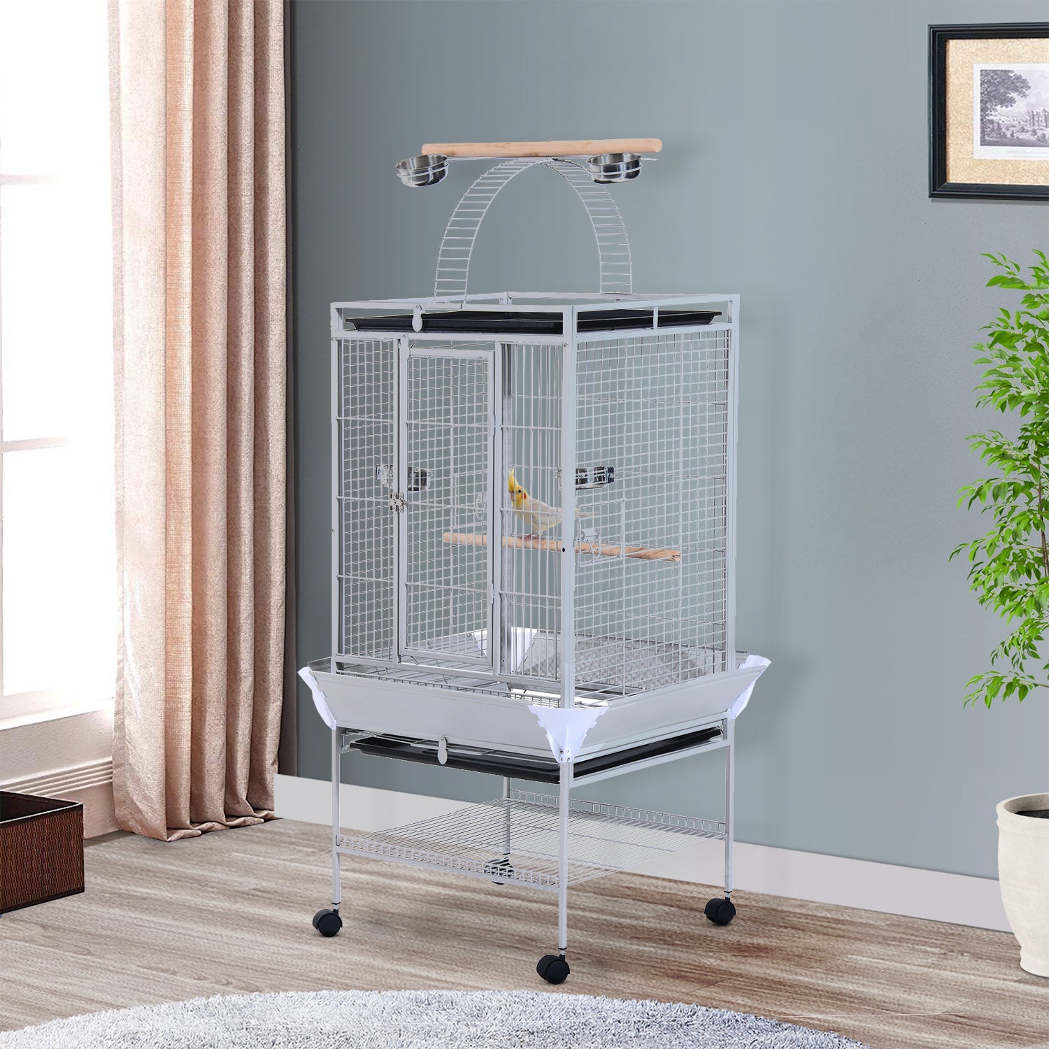 63" Large Bird Parrot Cage Stand Finch Feeder Play Top House Perch Bowl Wheels, Silver Bird Cages   at Gallery Canada