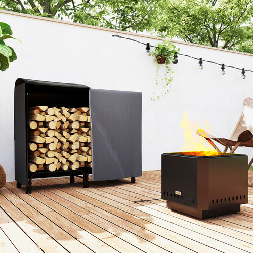 4ft Outdoor Firewood Rack with Cover and Carrier, Adjustable Wood Storage Holder, Indoor Outdoor Log Rack, Black