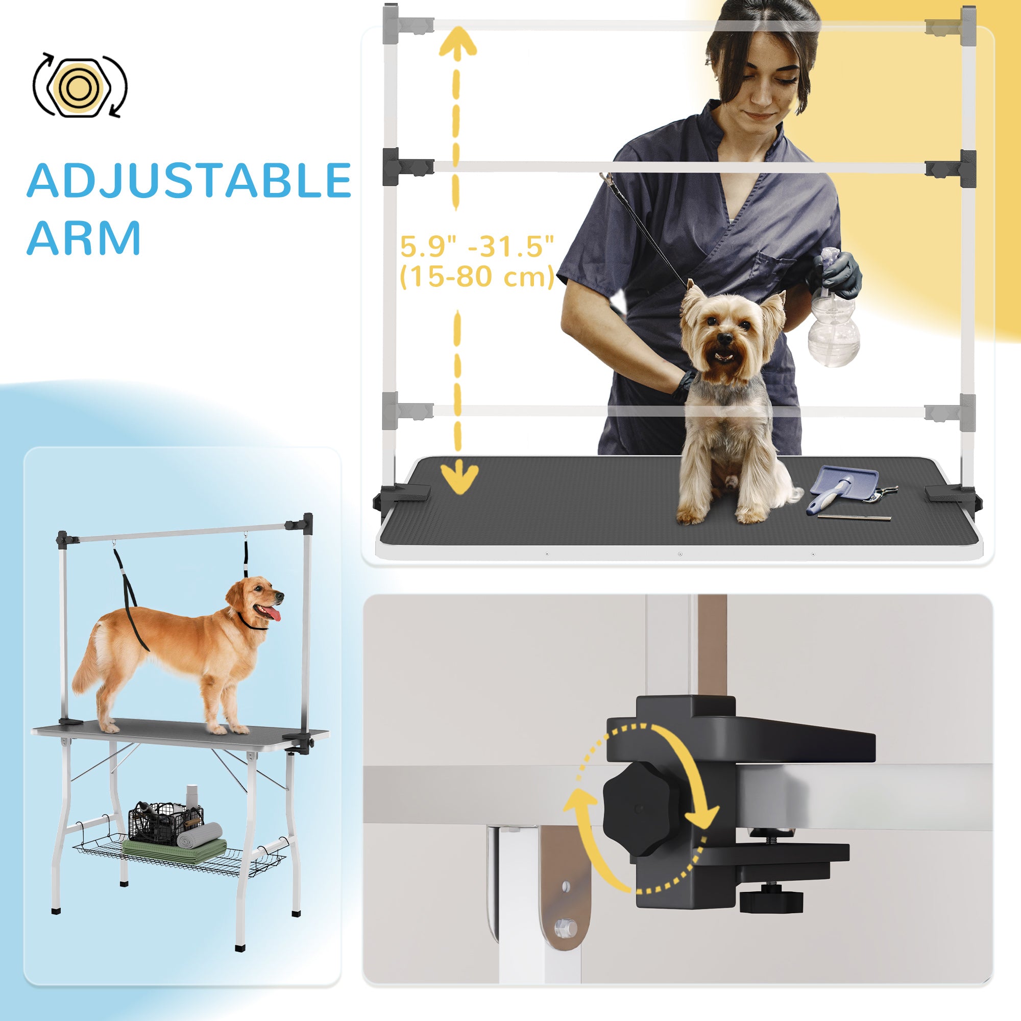 Foldable Dog Grooming Table with Adjustable Grooming Arms, Storage Shelf, Two Nooses, 42