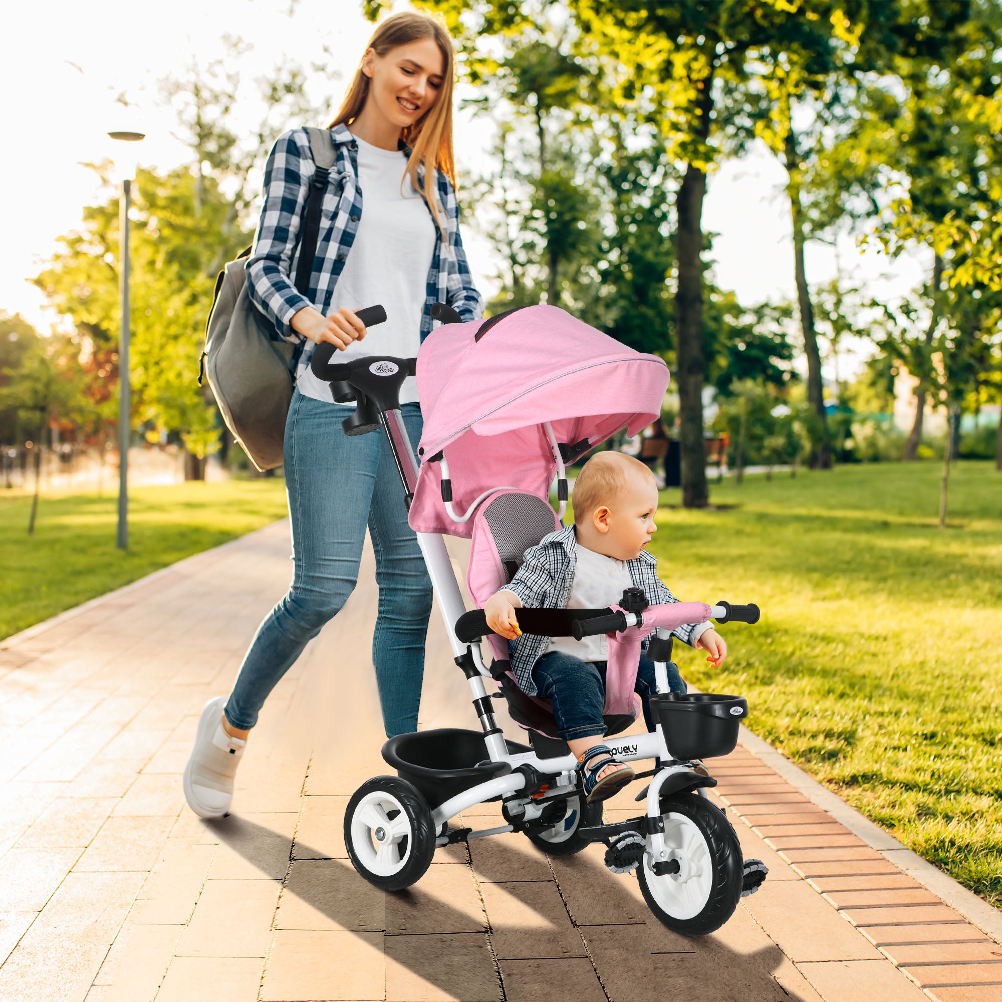 6 in 1 Toddler Tricycle with Parent Push Handle, Canopy, Storage Baskets, Cupholder, Pink Tricycles for Kids at Gallery Canada