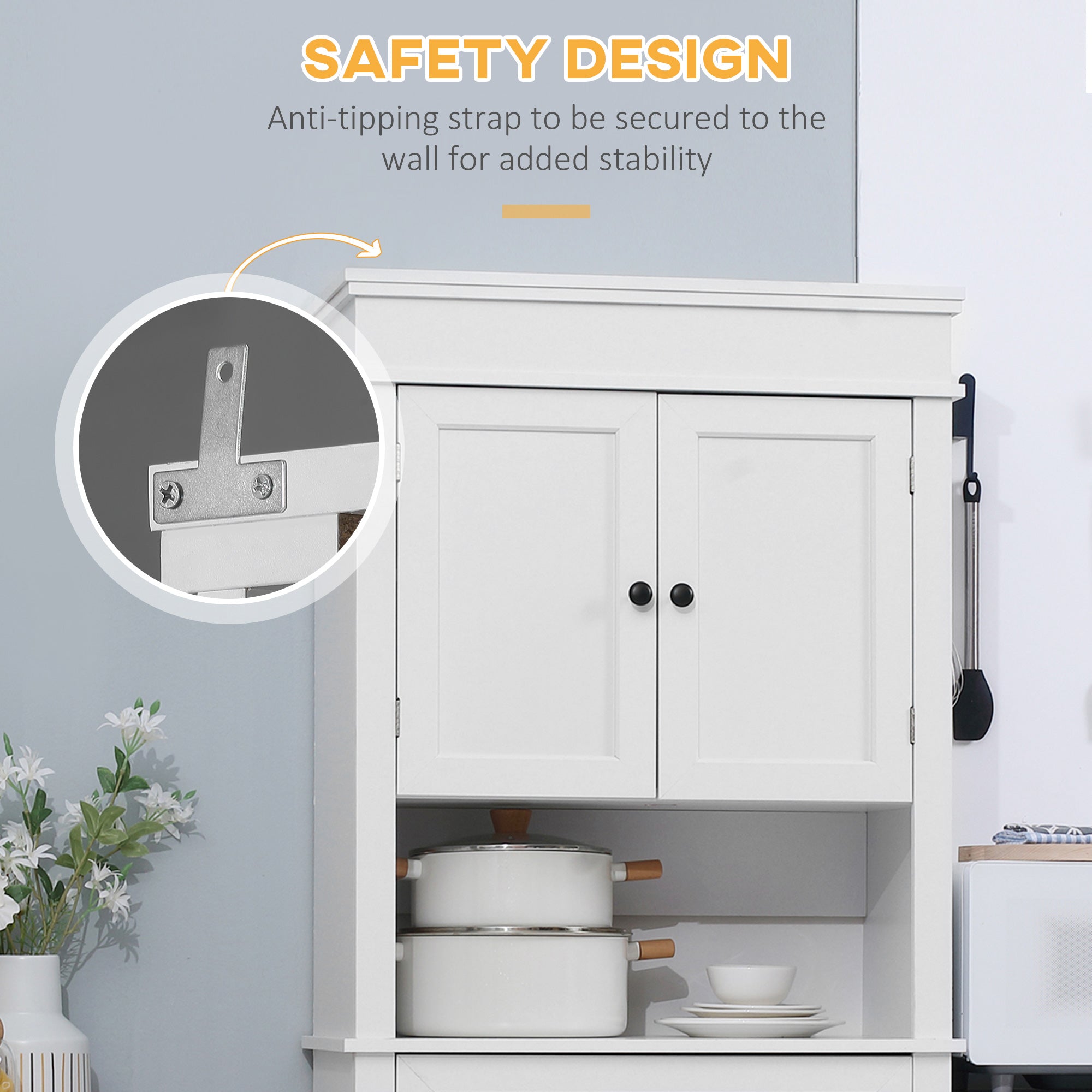 Modern Freestanding Kitchen Pantry Cabinet Cupboard with Doors Open Shelves Adjustable Shelving Microwave Space, White Kitchen Pantry Cabinets   at Gallery Canada