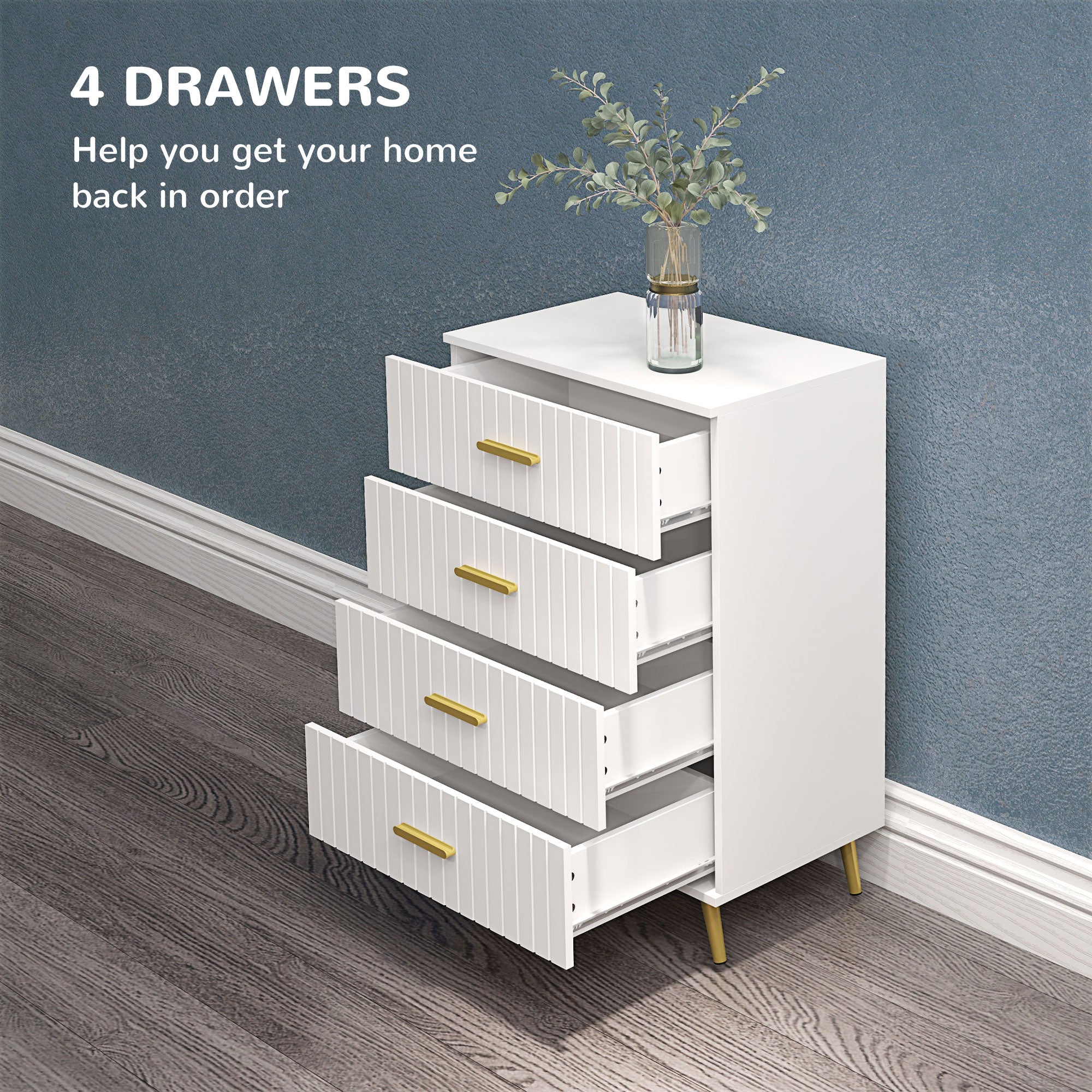 4 Drawer Cabinet, Drawer Chest for Bedroom, Chest of Drawers with Aluminium Legs and Gold Handles, White Storage Cabinets   at Gallery Canada