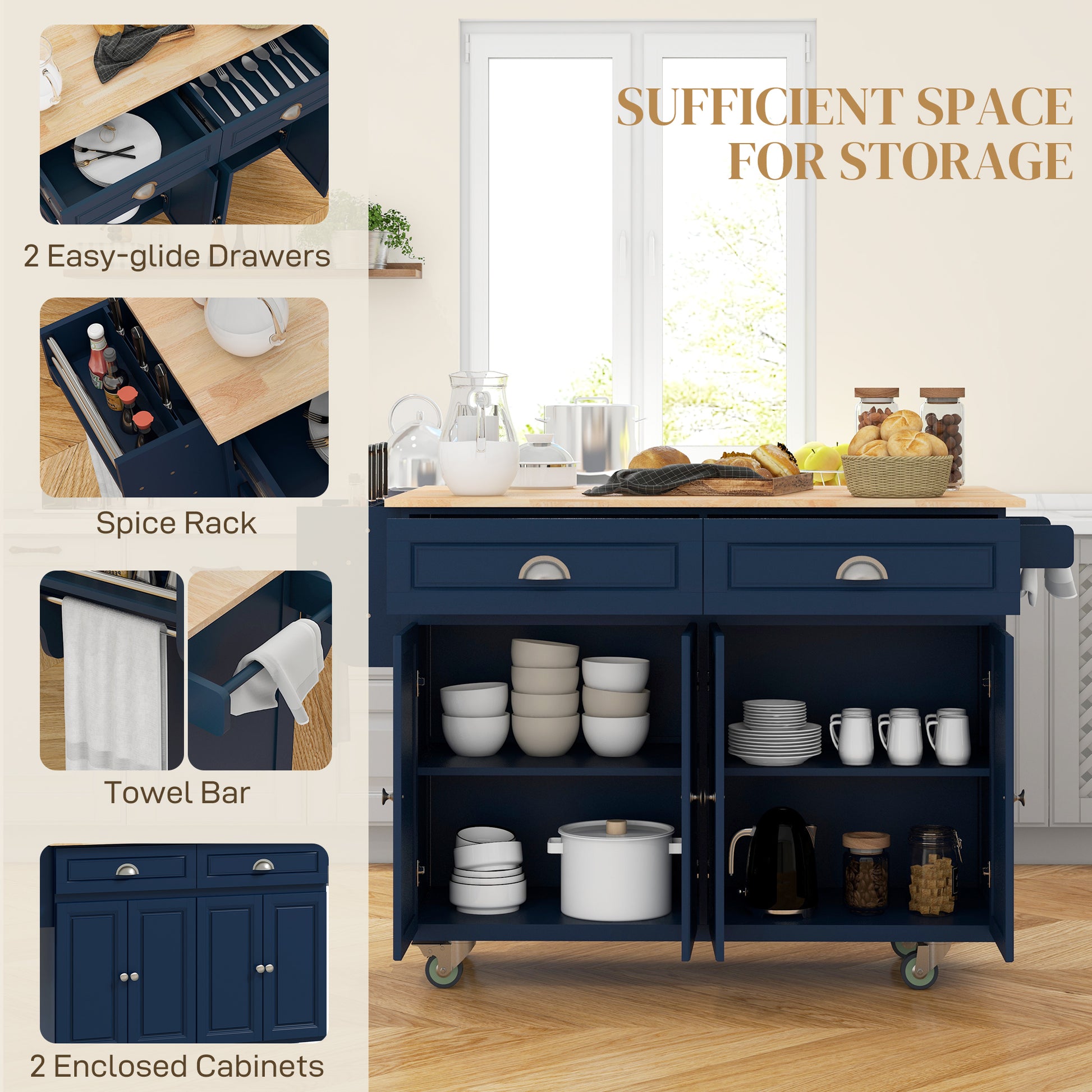 Kitchen Island with Storage, Rolling Kitchen Island with Drop Leaf, Rubber Wood Top and Adjustable Shelves, Navy Blue Kitchen Islands & Kitchen Carts at Gallery Canada