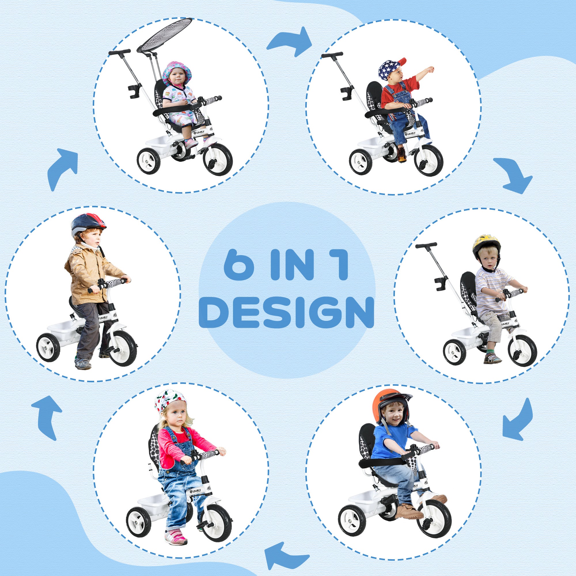 6 in 1 Kids Tricycle with Removable Handlebar and Canopy, White Tricycles for Kids at Gallery Canada