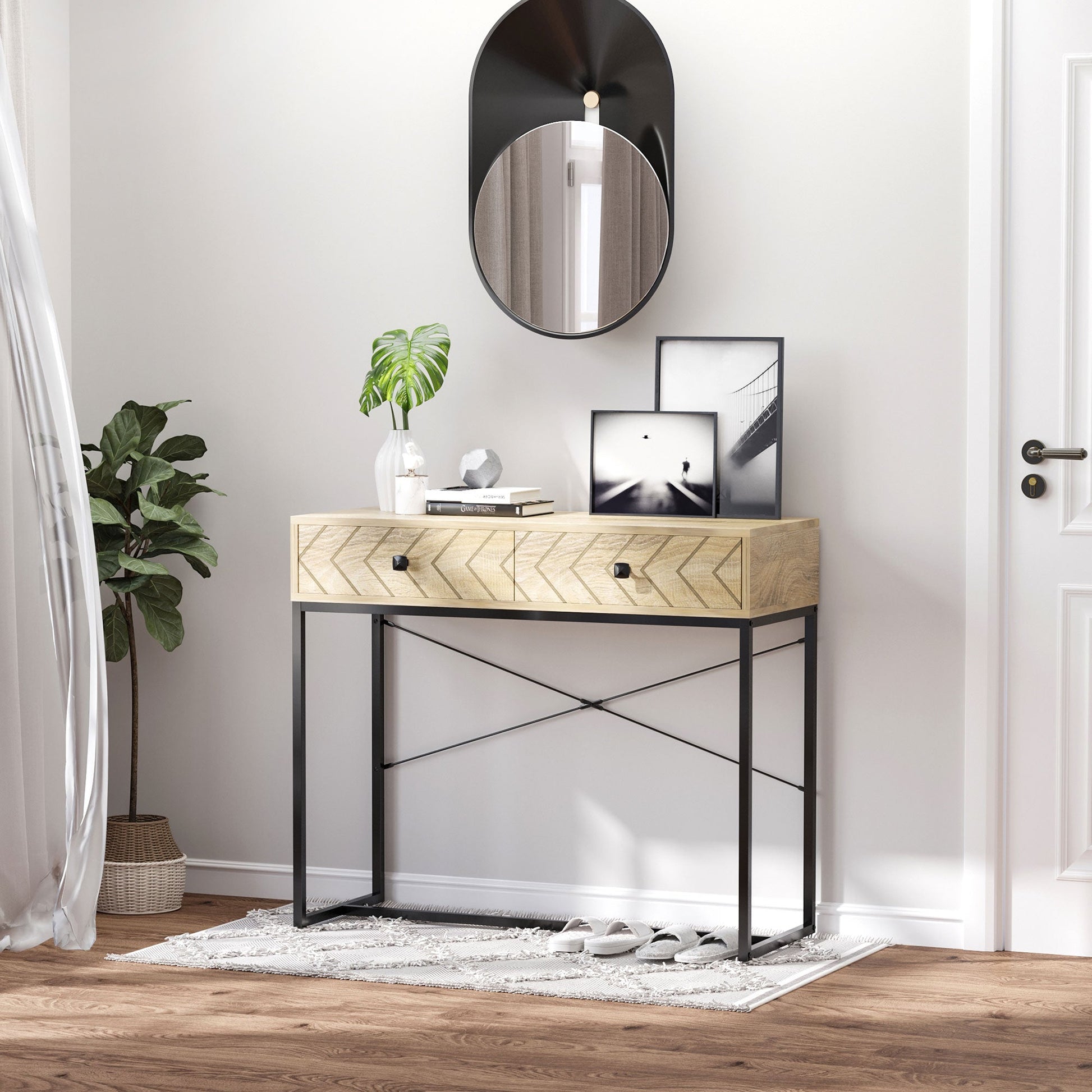 Industrial Console Table with 2 Storage Drawers, Elegant Side Table with Metal Frame and Back X-Bar for Living Room, Study Room, Office Console Tables   at Gallery Canada