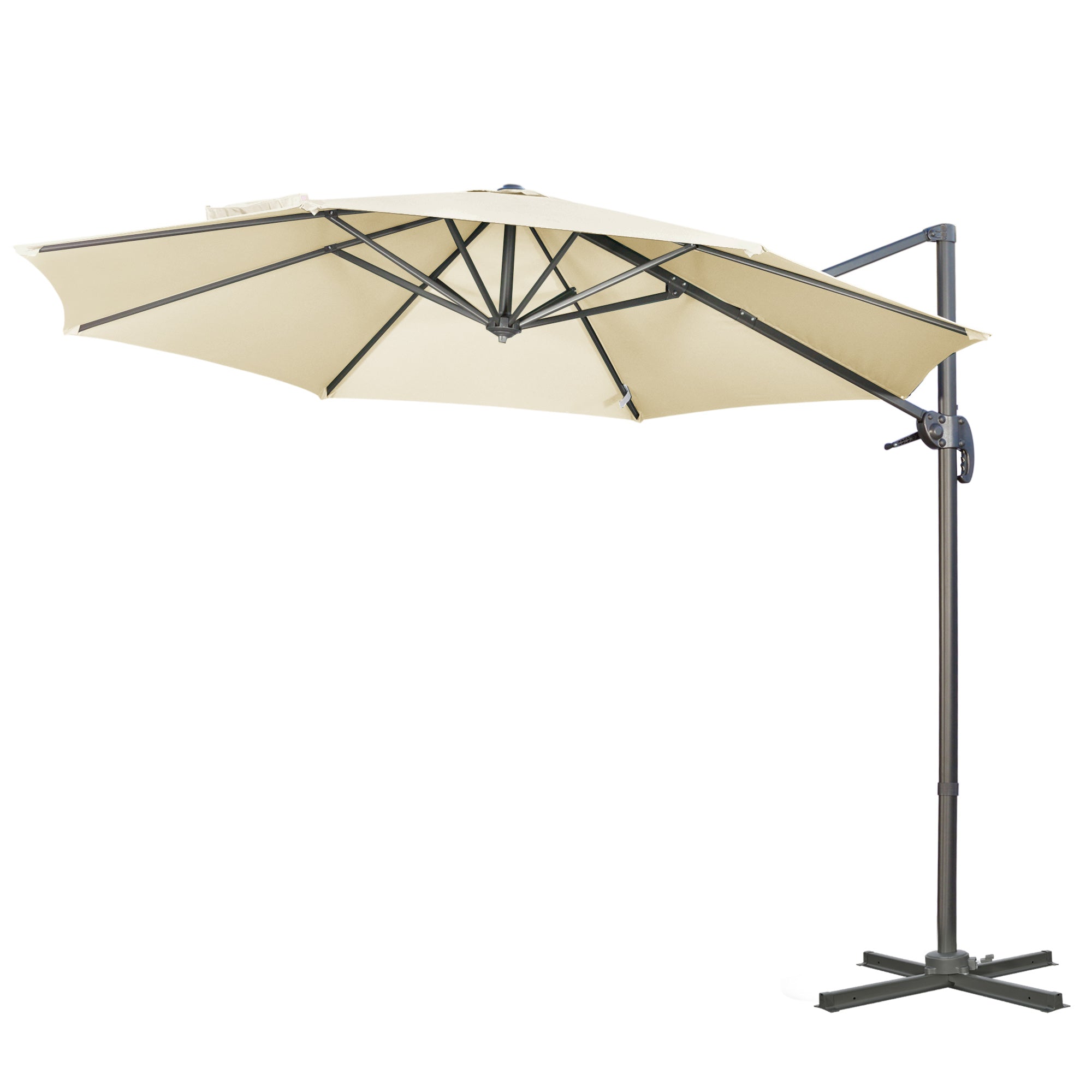 9.6' Cantilever Patio Umbrella Outdoor Hanging Offset Umbrella with Cross Base 360° Rotation Aluminum Poles Cream White Offset Cantilever Umbrellas   at Gallery Canada