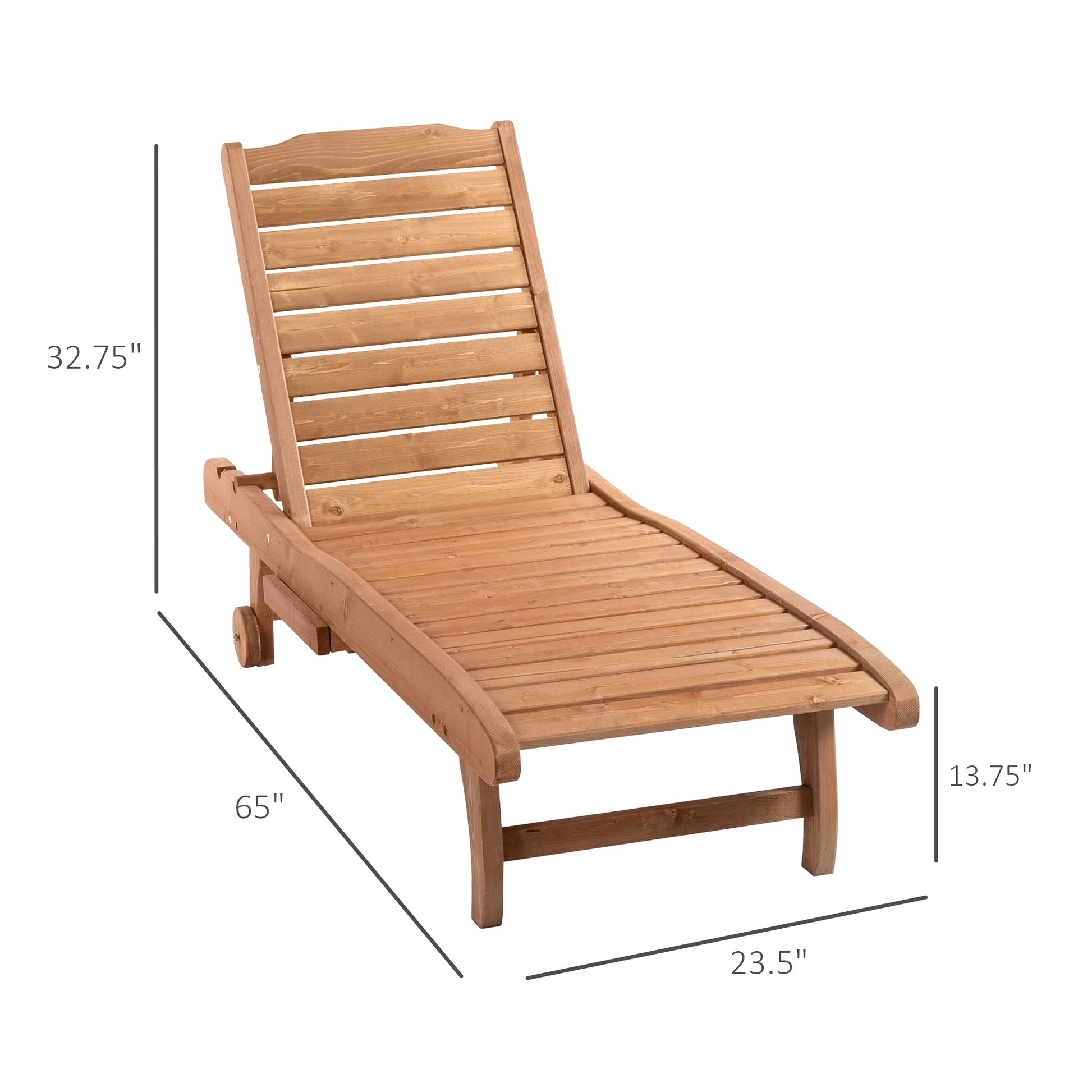 Wooden Outdoor Lounge Chair, Adjustable Patio Outdoor Chaise Recliner Garden Furniture, Tanning Chair with Pull-out Tray and 2 Wheels, Brown Chaise Loungers   at Gallery Canada