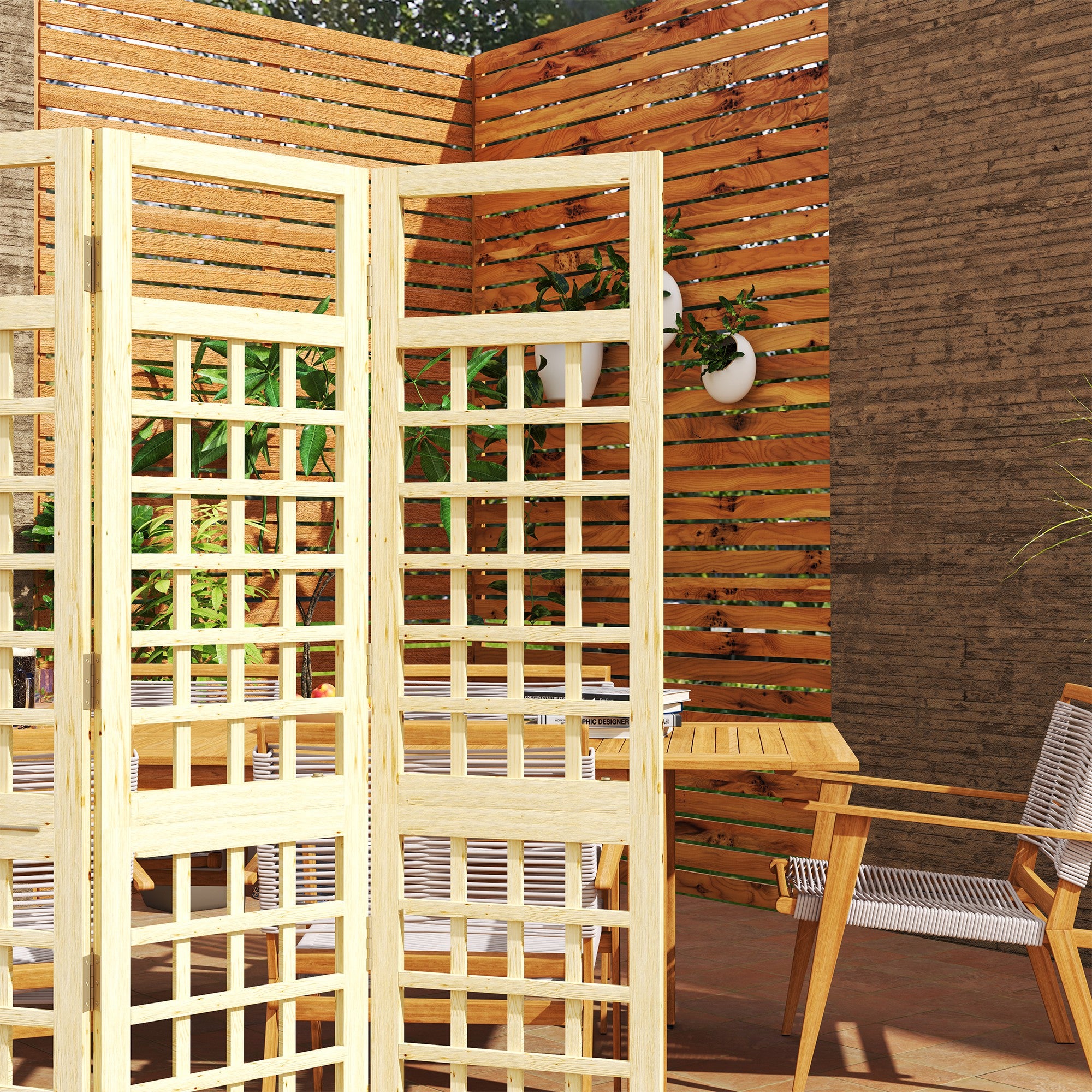 3 Panel Outdoor Wood Privacy Screen, Folding Room Divider/Trellis for Home, Patio, 47.2