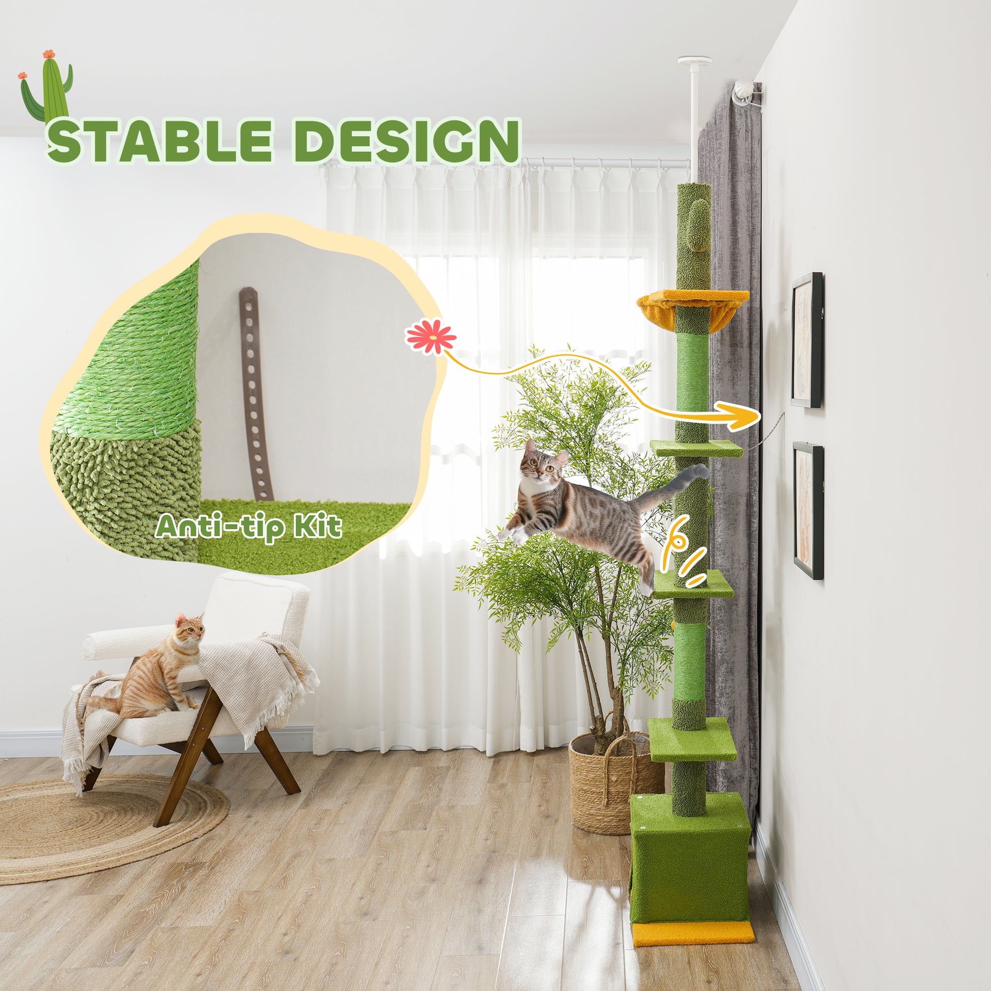 Floor to Ceiling Cat TreeTower with 90.5"-108" Adjustable Height, Scratching Posts, Hammock, Comdo, Toy Ball, Green Floor to Ceiling Cat Trees   at Gallery Canada