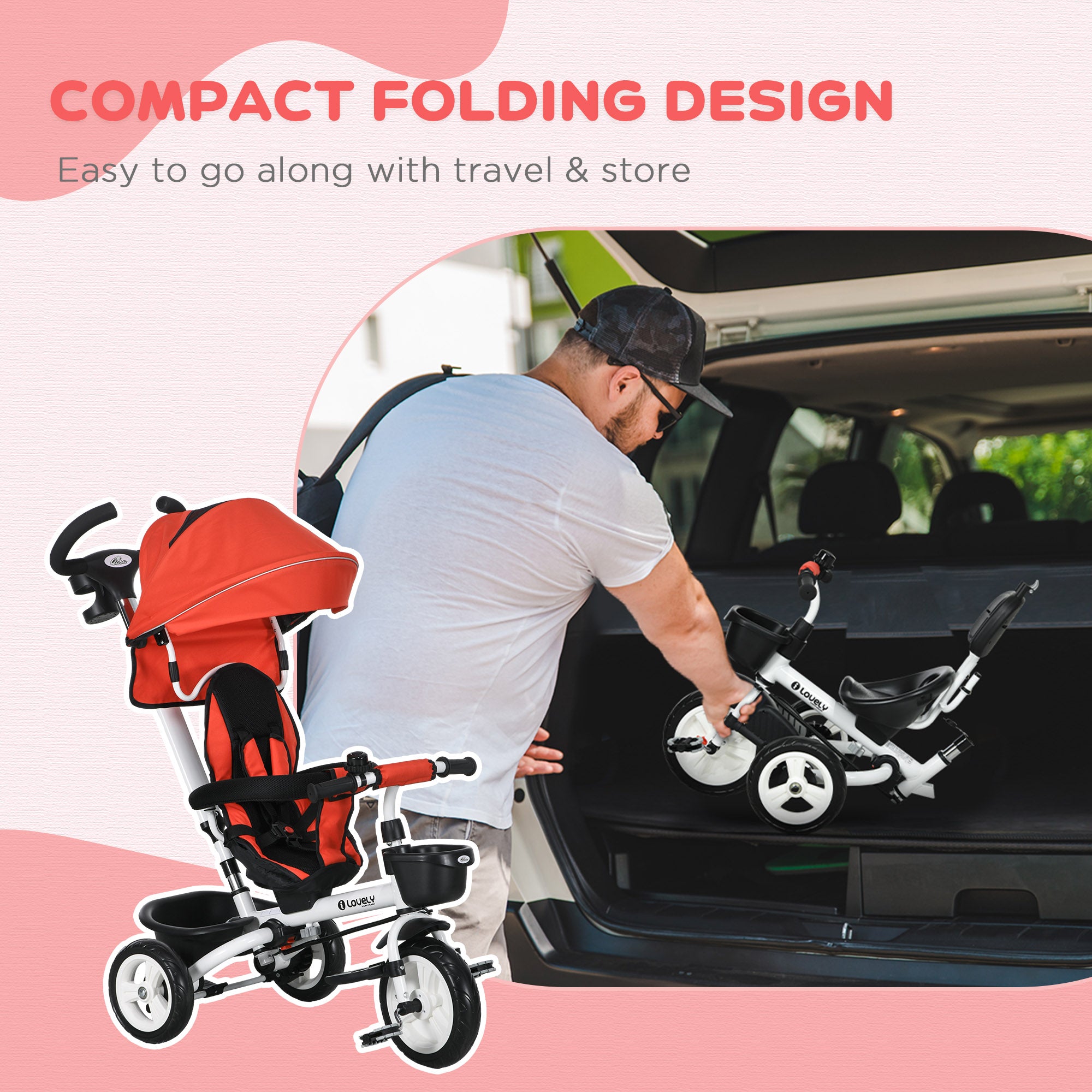 6 in 1 Toddler Tricycle with Parent Push Handle, Canopy, Storage Baskets, Cupholder, Red Tricycles for Kids at Gallery Canada