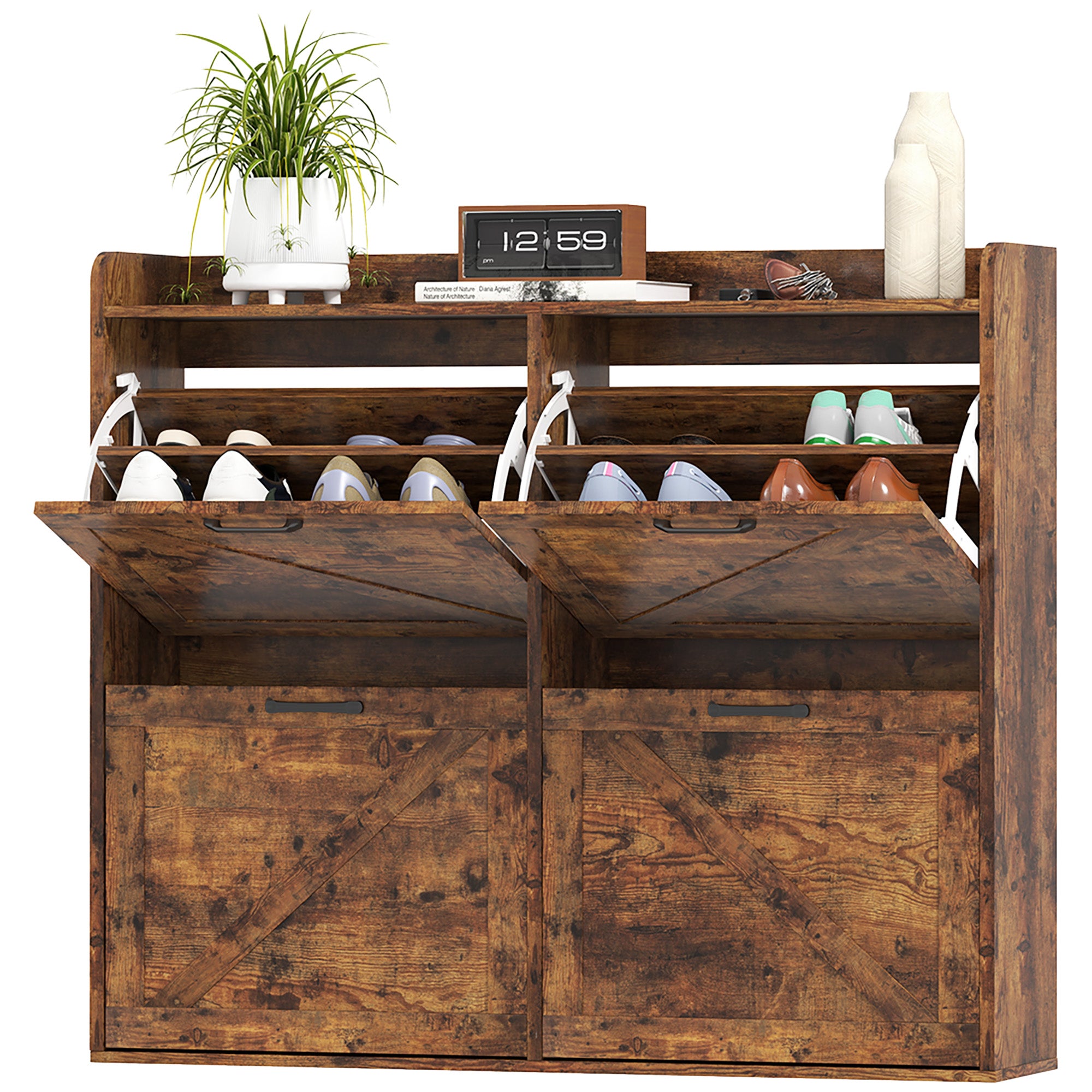 Narrow Shoe Storage Cabinet with 4 Flip Drawers, Adjustable Shelves, 16 Pair Farmhouse Shoe Cabinet, Rustic Brown Shoe Storage Cabinets & Racks at Gallery Canada