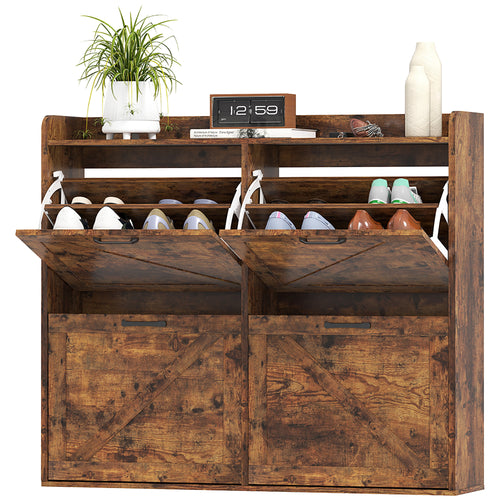 Narrow Shoe Storage Cabinet with 4 Flip Drawers, Adjustable Shelves, 16 Pair Farmhouse Shoe Cabinet, Rustic Brown