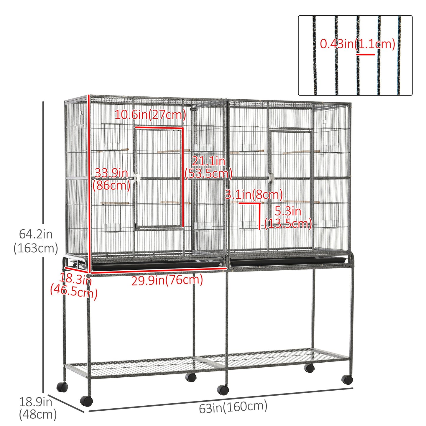 Extra Large 64" Rolling Metal Parrot Cage with Stand, Perch, and Storage, Multi-Colour Bird Cages   at Gallery Canada