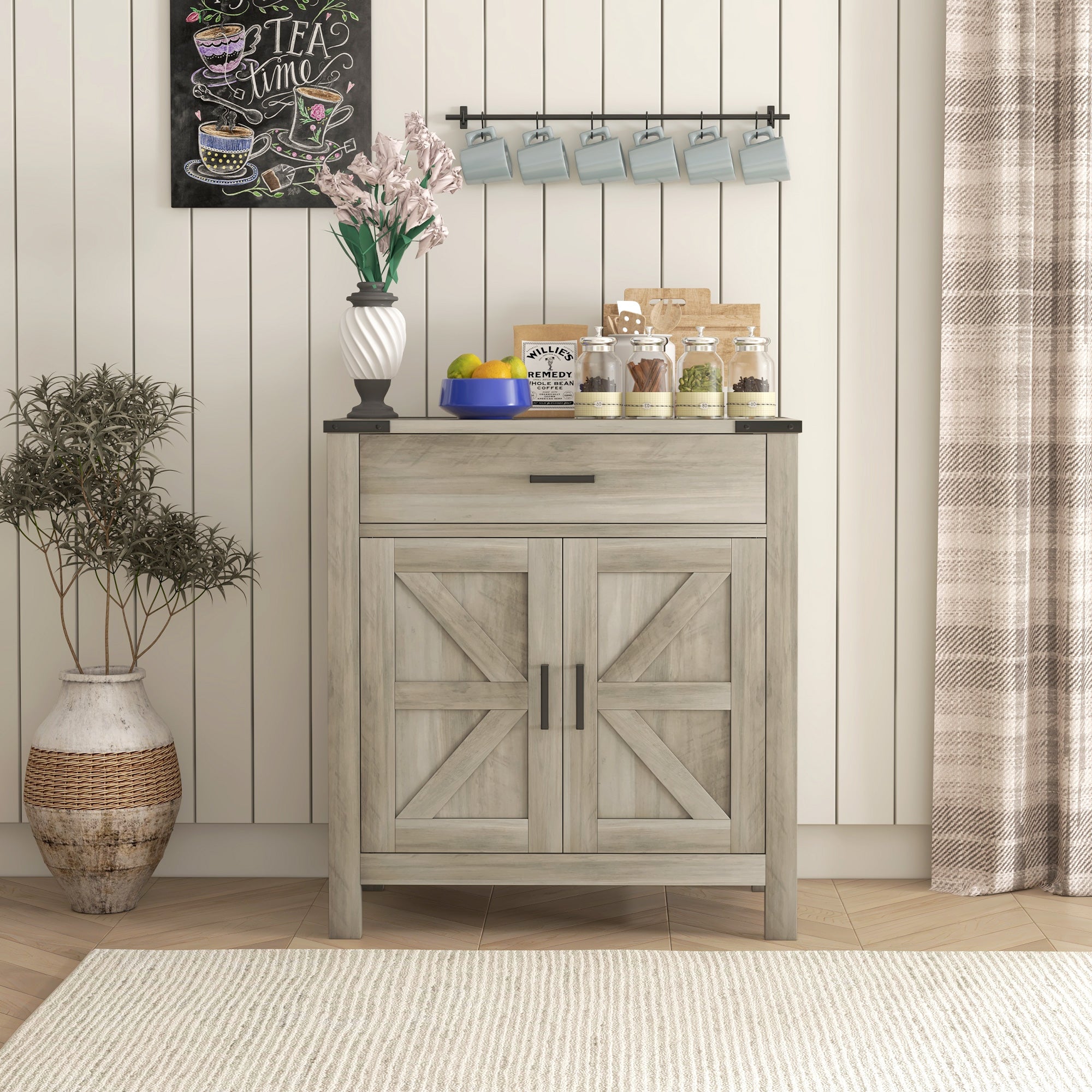 Farmhouse Buffet Cabinet Sideboard with 1 Drawer, 1 Storage Cabinet and Adjustable Shelf, Grey Bar Cabinets   at Gallery Canada