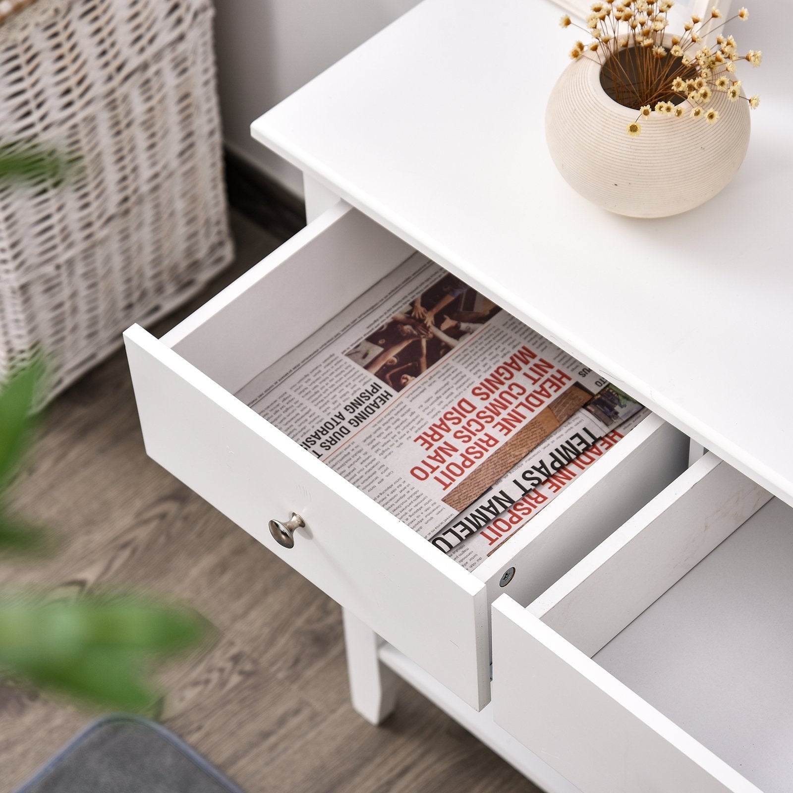 Wooden Console Sofa Table with 2 Drawers and 1 Storage Shelf for Living Room Entryway, White Console Tables   at Gallery Canada