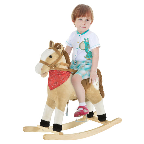 Kids Plush Ride-On Rocking Horse Toy Cowboy Rocker with Fun Realistic Sounds for Child 3-6 Years Old, Beige