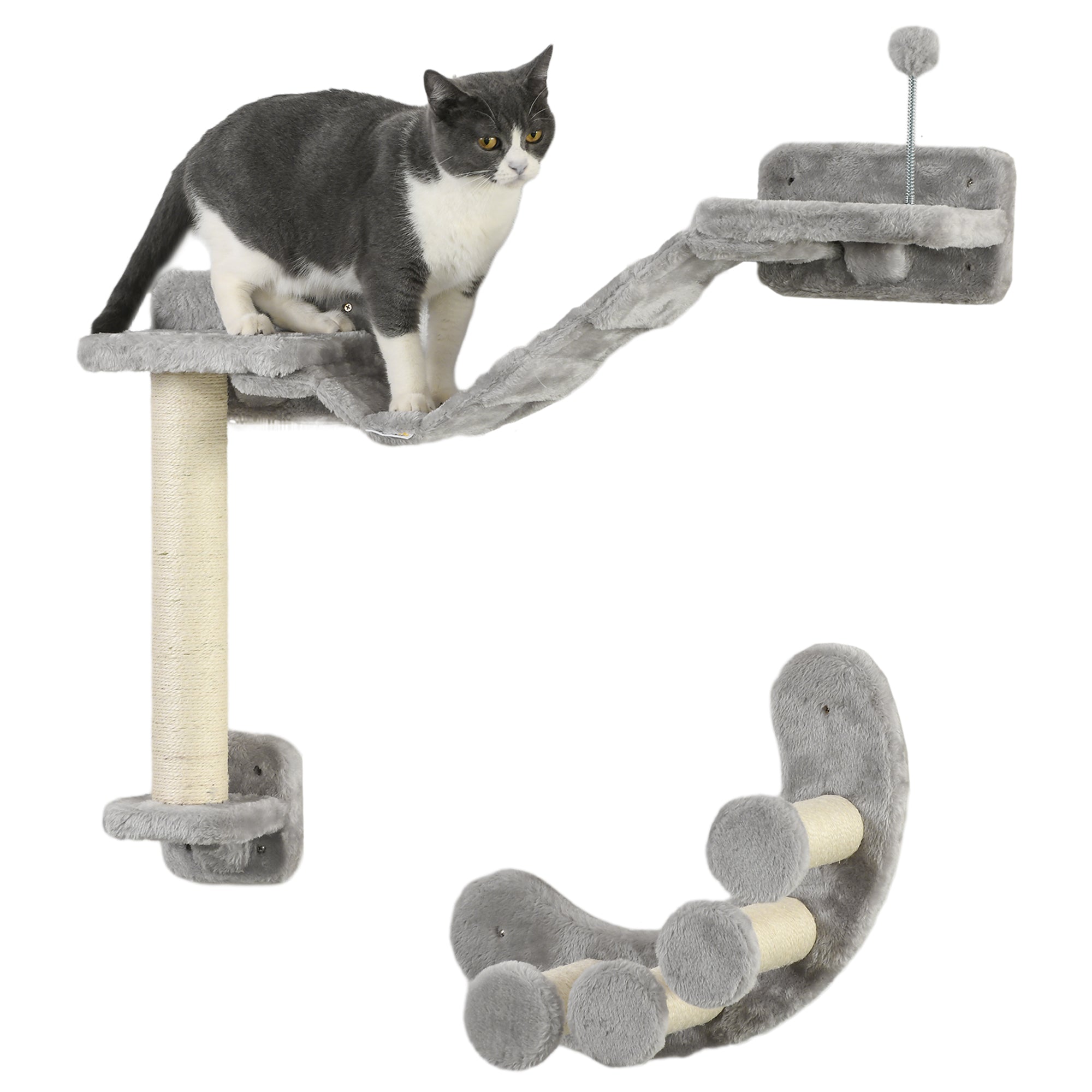 Cat Wall Shelf with Scratching Post, Cat Wall Shelves for Relaxing, Climbing, Cat Wall With Soft Ladder and Play Ball, Grey Cat Climbing Wall at Gallery Canada