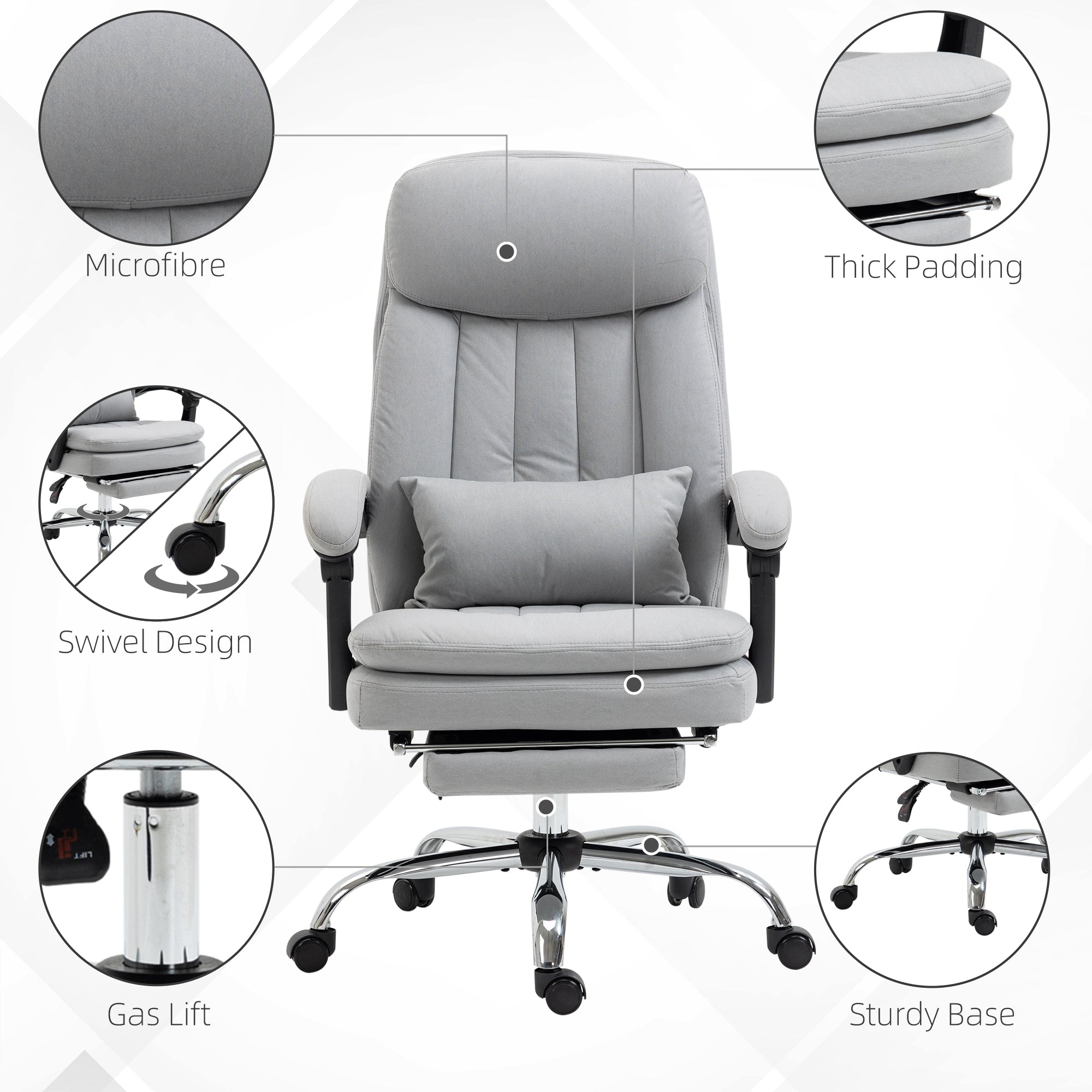 High Back Office Chair, Microfibre Computer Desk Chair with Lumbar Support Pillow, Foot Rest, Reclining Back, Arm, Grey Executive & Manager Chairs   at Gallery Canada