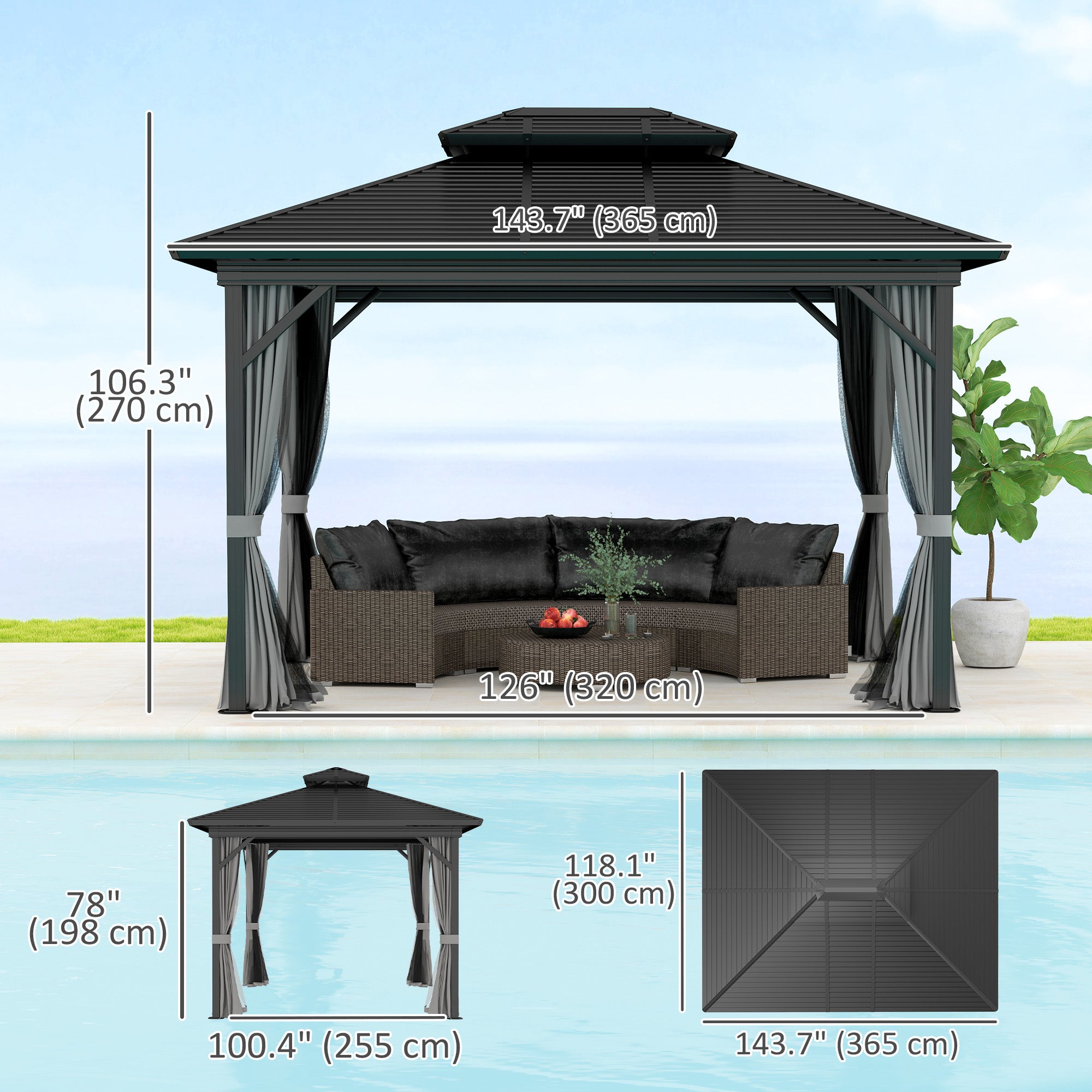 10' x 12' Hardtop Gazebo, Sun Shelter with Double Tier Metal Roof, Mosquito Netting, and Hanging Hook, Light Grey Gazebos at Gallery Canada