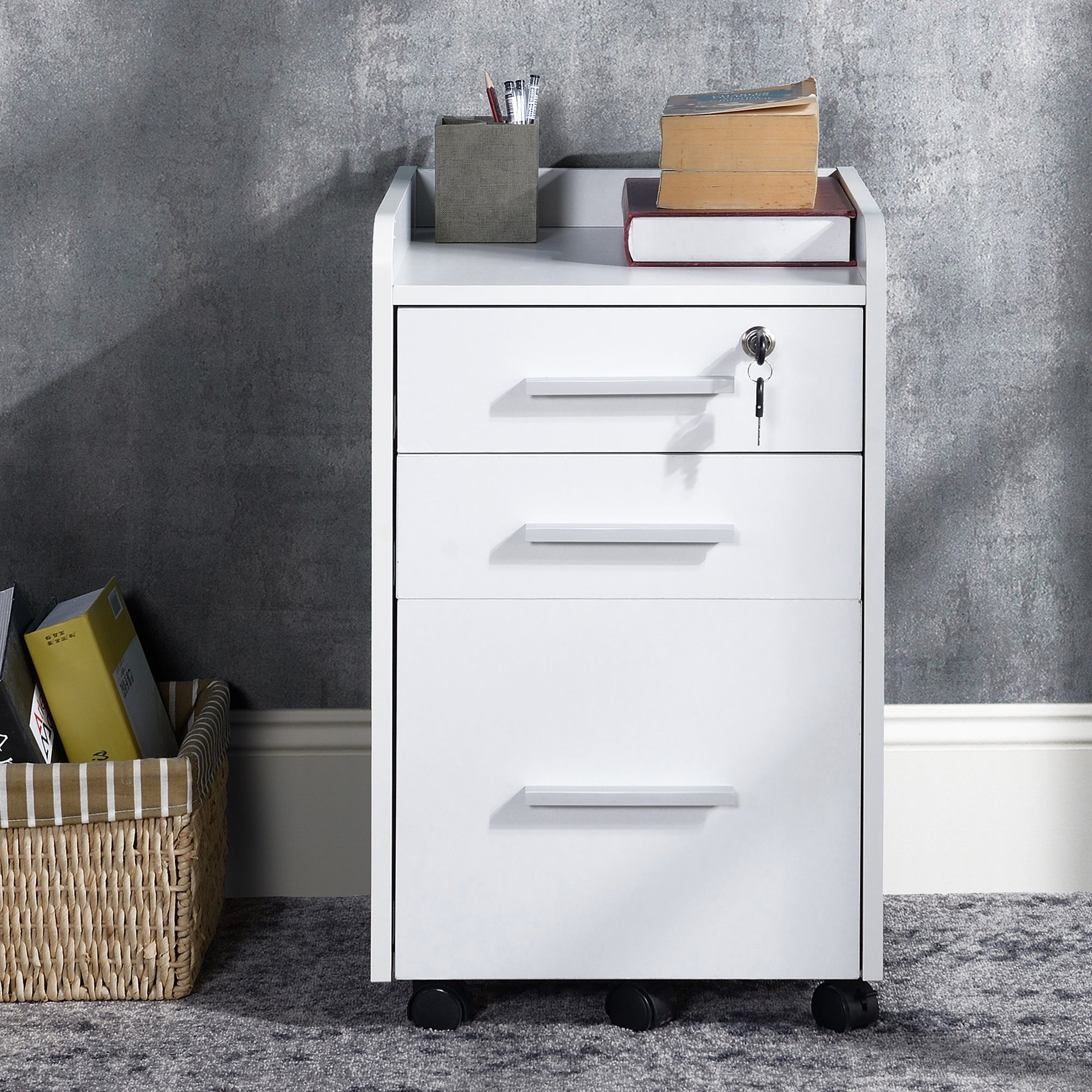 Vertical Filing Cabinet 3-Drawer, Mobile File Cabinet with Lock and Wheels for A4 Letter Size, White Office Cabinets & Cupboards   at Gallery Canada