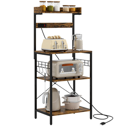 Kitchen Baker's Rack with Power Outlet, Coffee Bar Station with Adjustable Shelves and Hooks, Rustic Brown Bar Cabinets   at Gallery Canada