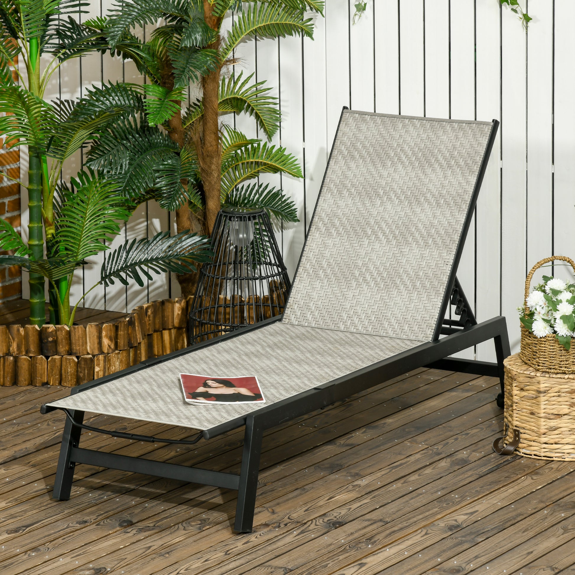 Outdoor Rattan Wicker Patio Lounger Chair Sun Lounger w/ 5-Position Backrest and Wheels for Garden, Poolside, Grey Chaise Loungers Multi Colour  at Gallery Canada