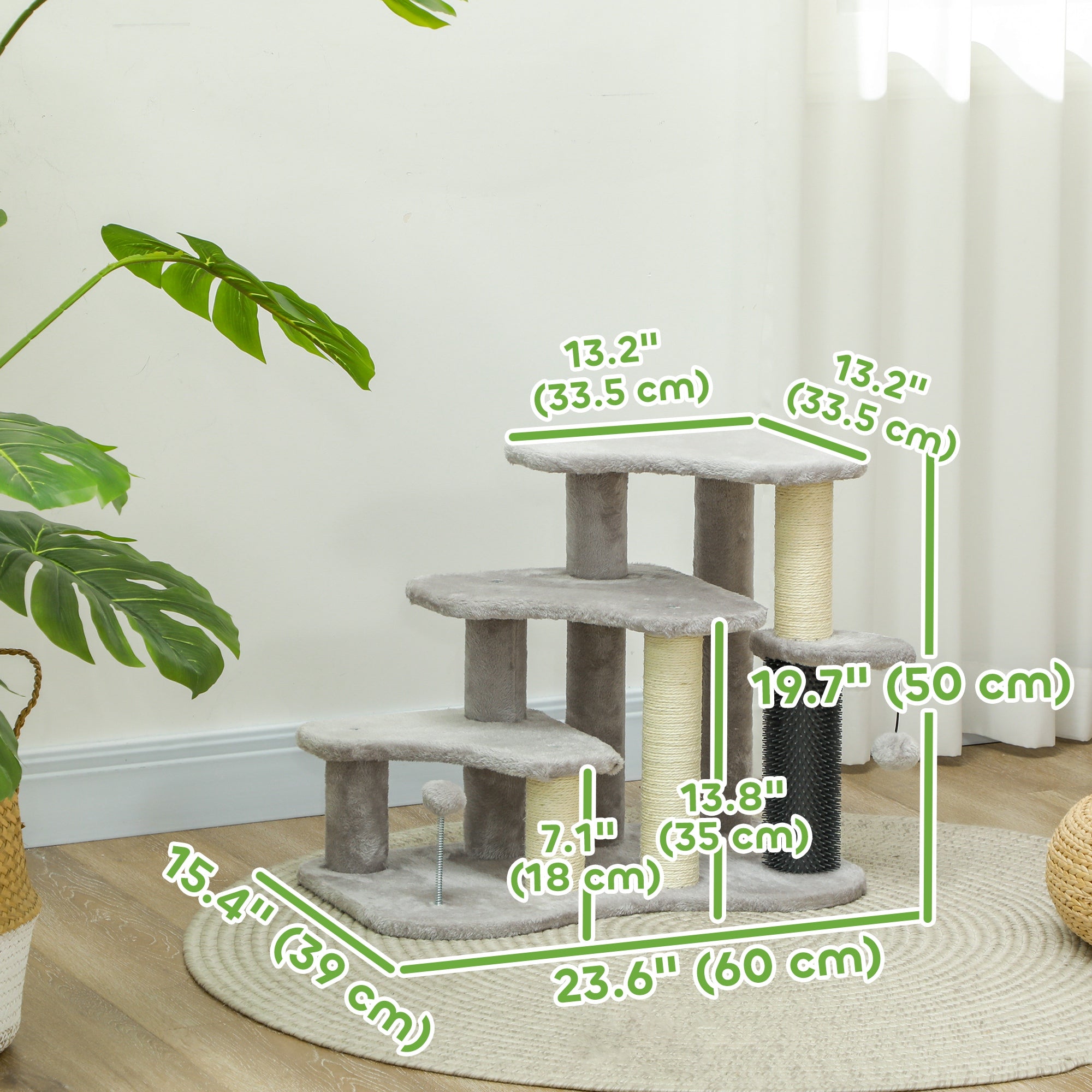 2 in 1 Cat Tree 3 Steps Pet Stairs with Scratching Posts, Tickling Post, Toy Balls, for Bed, Couch, Sofa, Light Grey Cat Stairs   at Gallery Canada