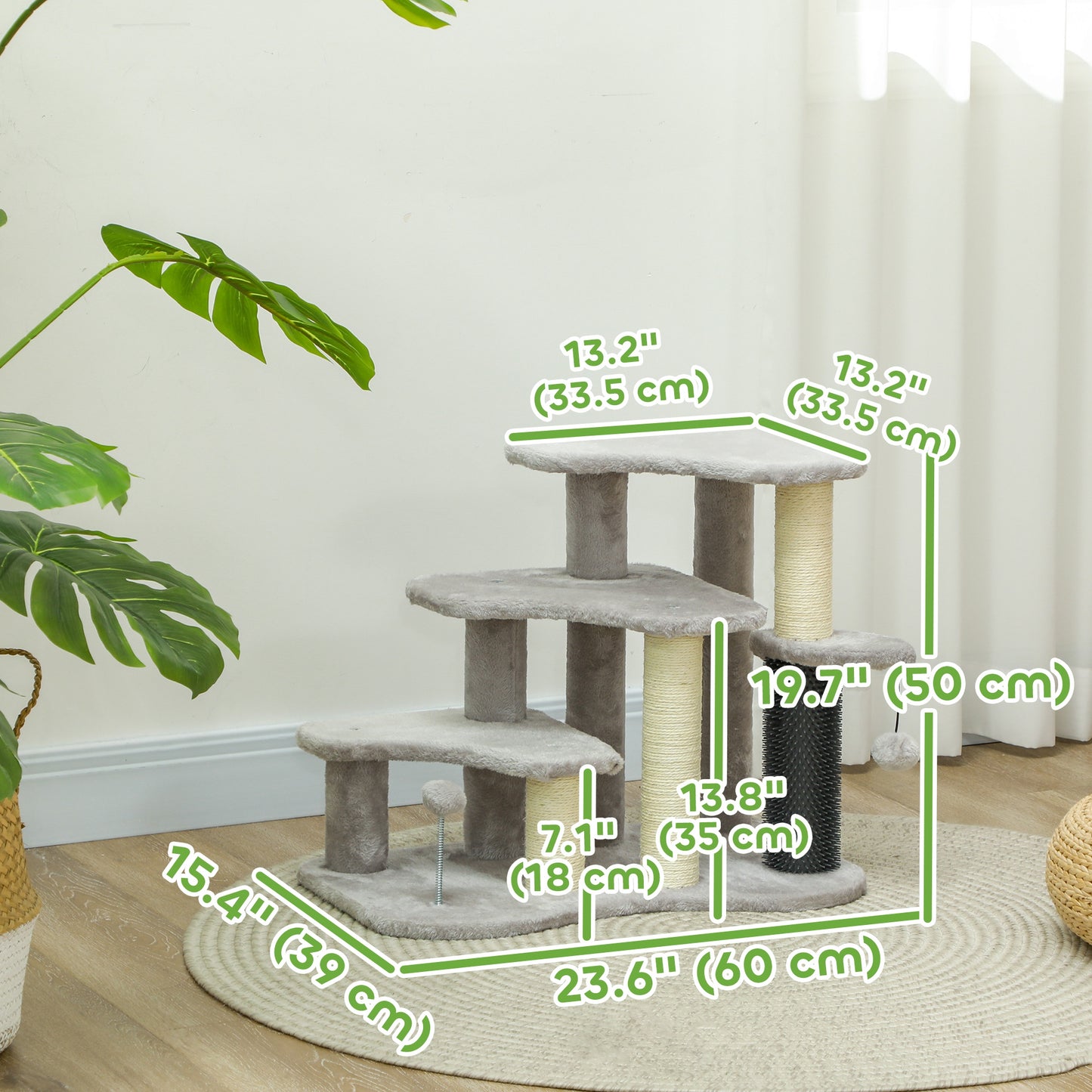 2 in 1 Cat Tree 3 Steps Pet Stairs with Scratching Posts, Tickling Post, Toy Balls, for Bed, Couch, Sofa, Light Grey Cat Stairs   at Gallery Canada