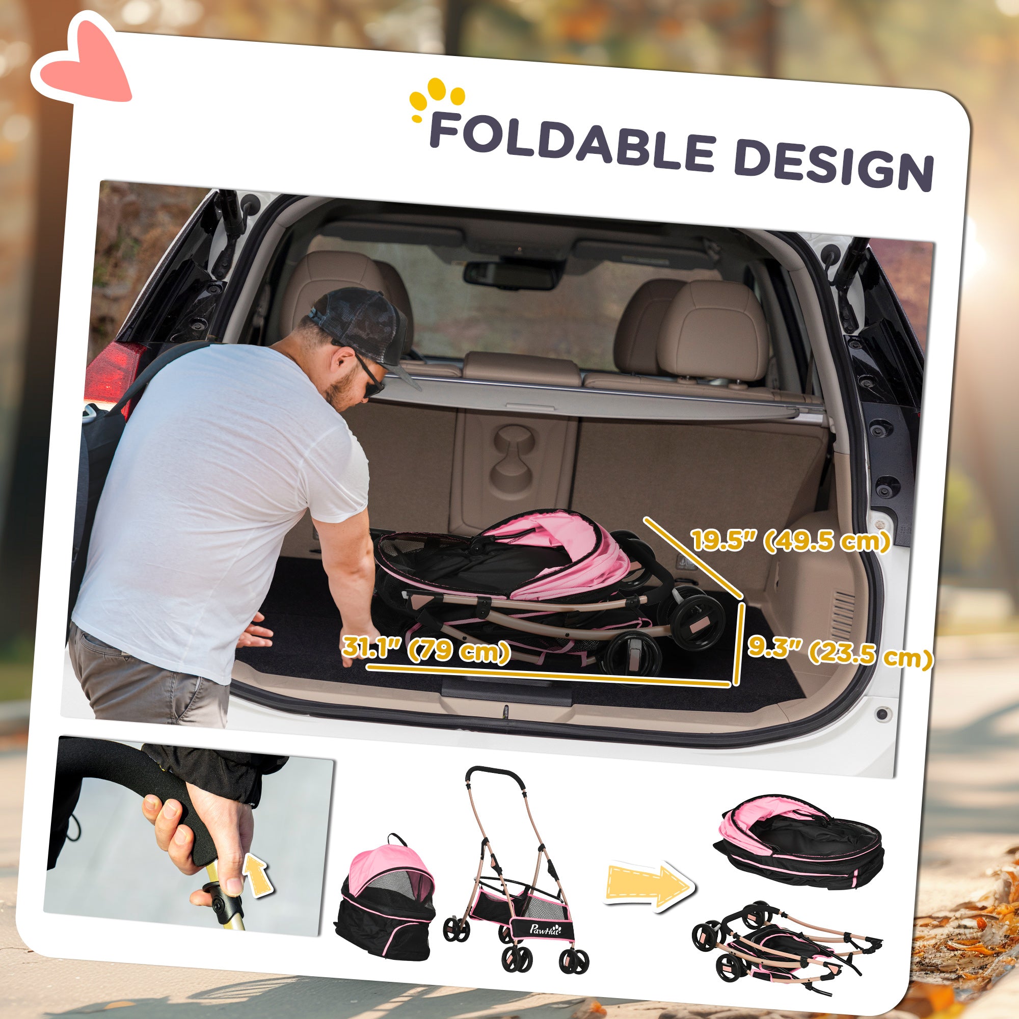 4 Wheels Pet Stroller, 3 in 1 Dog Cat Travel Folding Carrier, for Small Dogs, Detachable, w/ Brake, Canopy, Basket, Storage Bag - Pink Dog Bike Trailers & Strollers at Gallery Canada
