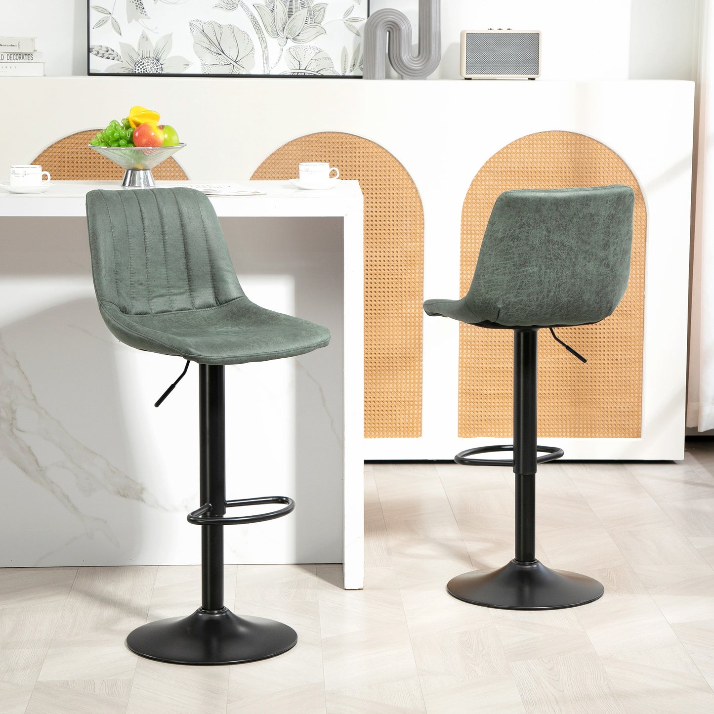 Counter Height Bar Stools Set of 2, Adjustable Height Bar Chairs with Swivel Seat, Leathaire Upholstery Bar Stools Green  at Gallery Canada