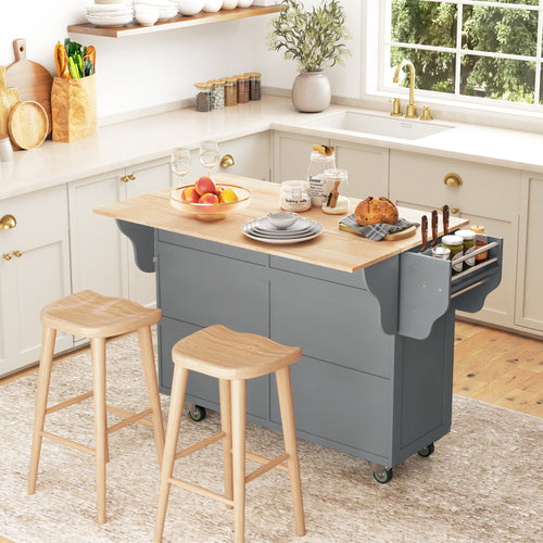 Kitchen Island with Storage, Rolling Kitchen Island with Drop Leaf, Rubber Wood Top and Adjustable Shelves, Grey