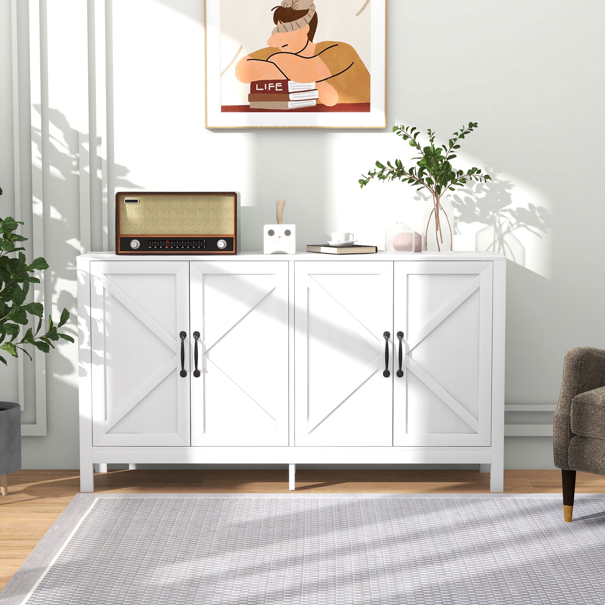 Sideboard Buffet, Storage Cabinet with Barn Door and Adjustable Shelf, TV Stand for TVs up to 65 Inches, White Bar Cabinets   at Gallery Canada