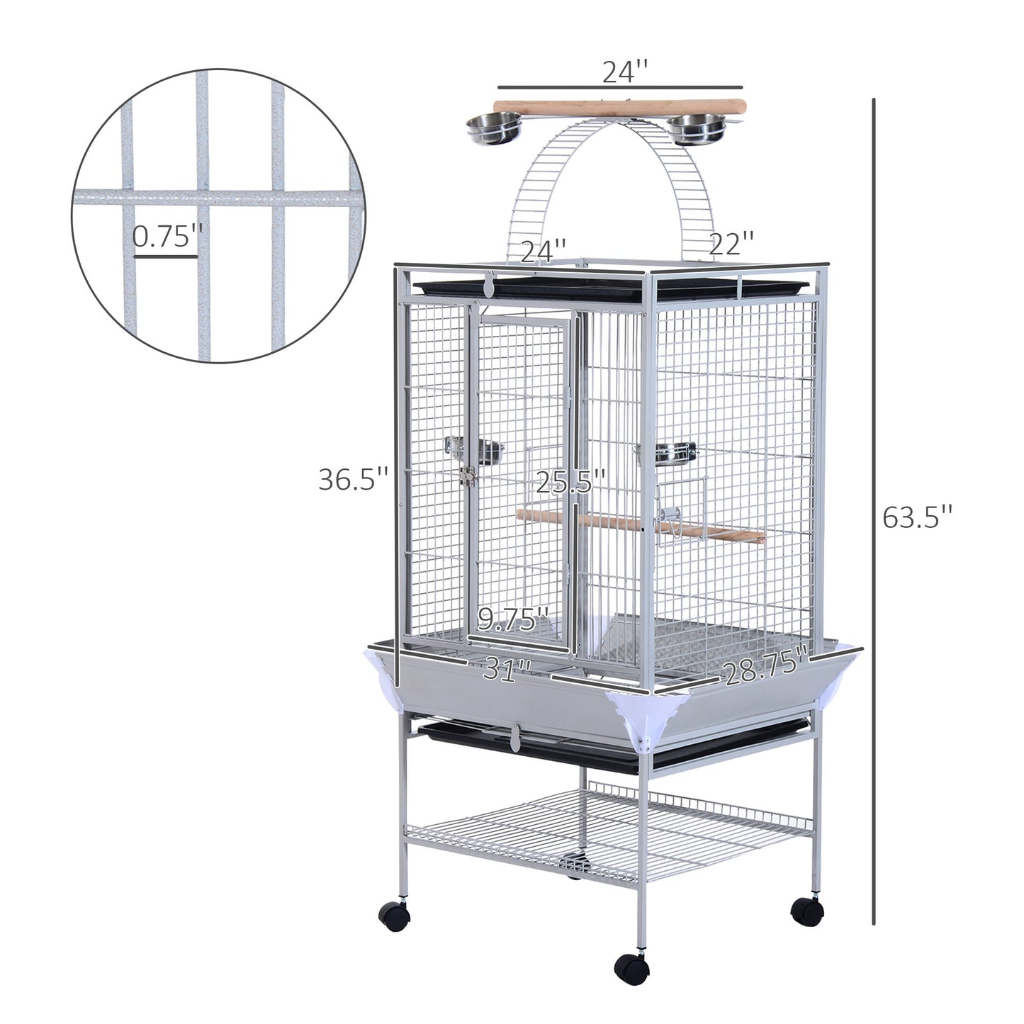 63" Large Bird Parrot Cage Stand Finch Feeder Play Top House Perch Bowl Wheels, Silver Bird Cages   at Gallery Canada