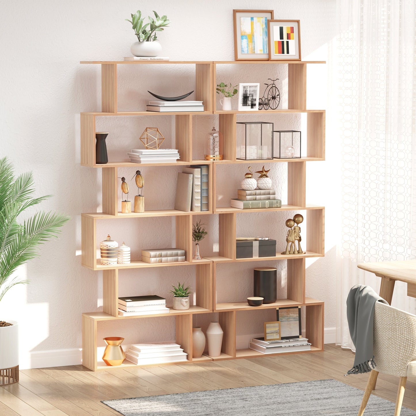 76" 6-Tier Wooden Bookcase S Shaped Storage Display Shelf Modern Bookshelf Open Concept Living Room Home Office Furniture, Maple Display Bookshelves   at Gallery Canada