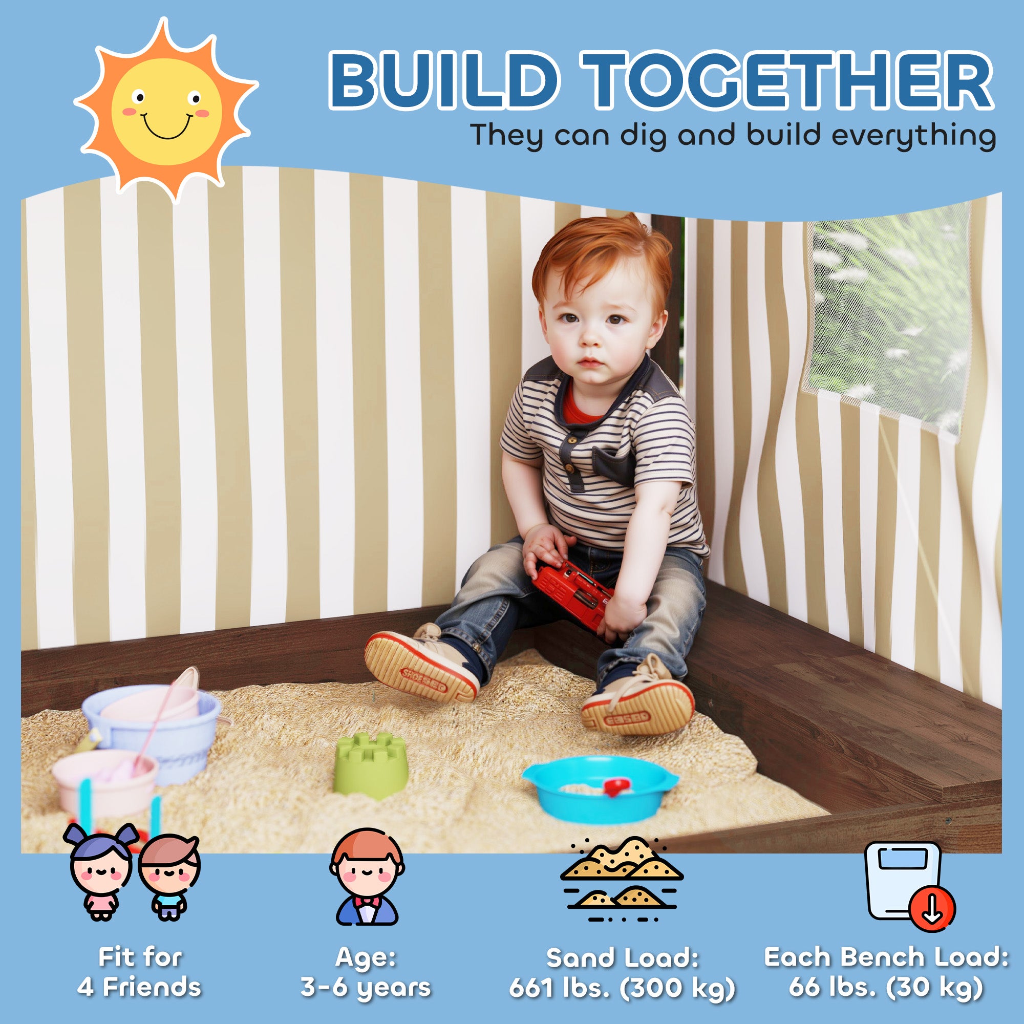 Kids Sandbox with Full Covered Canopy, Bench Seats, Bottom Liner, for Ages 3-6, 56