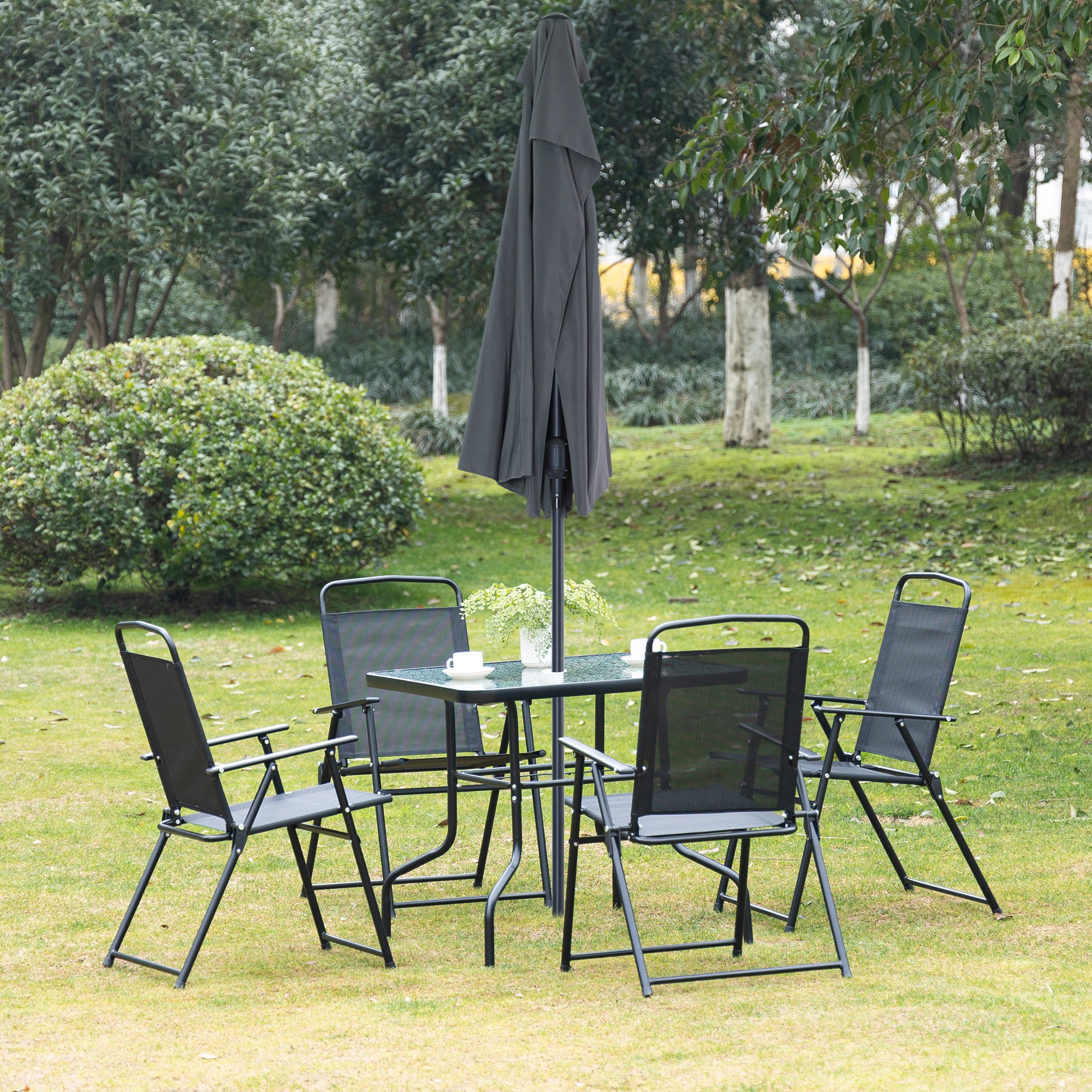 5 Pieces Patio Table and Chairs, Outdoor Dining Set with 4 Folding Chairs, Glass Tabletop and Parasol Hole, Black Outdoor Dining Sets at Gallery Canada