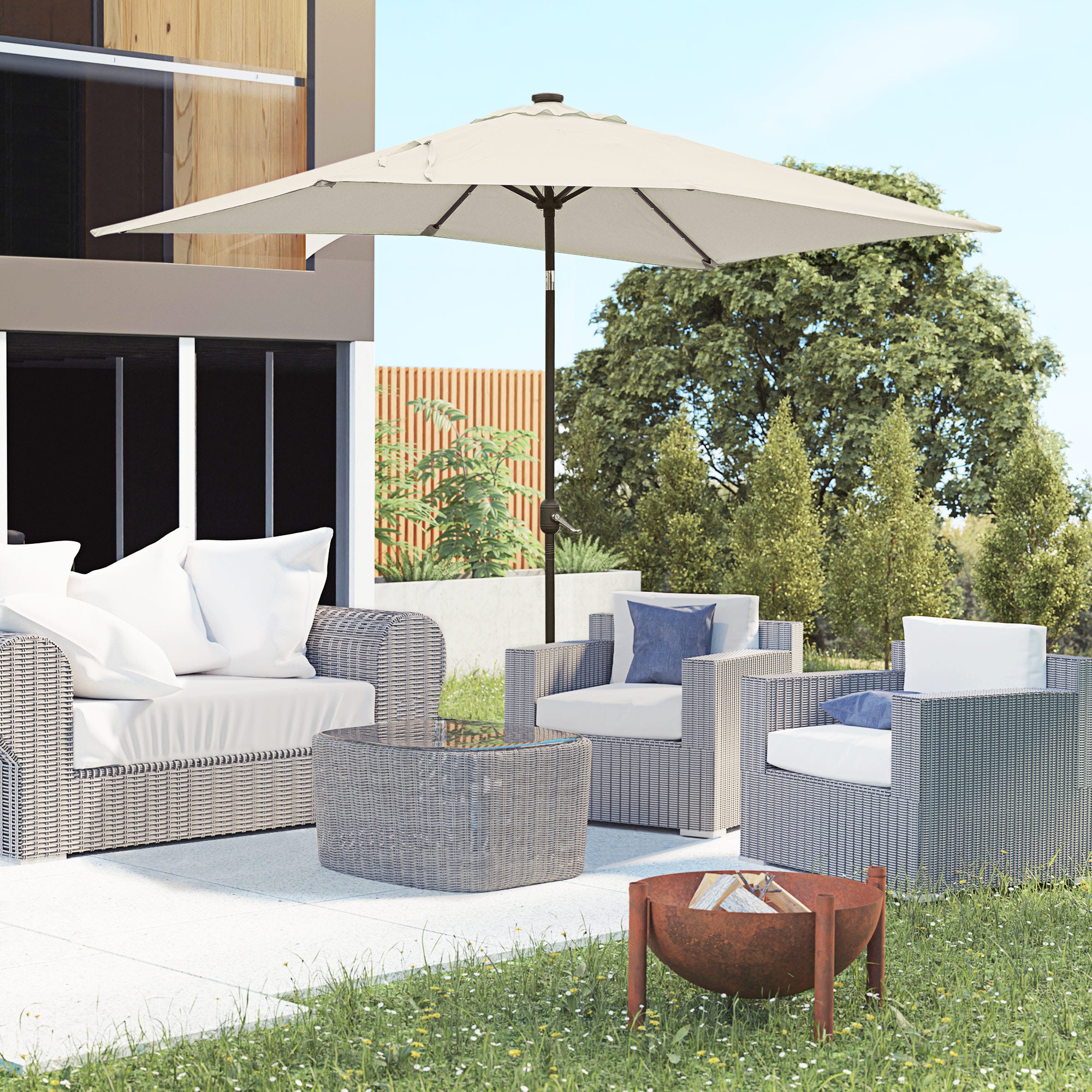 6' x 10' Patio Umbrella with 22 LED Solar Lights and Tilt, Rectangular Outdoor Table Umbrella with Crank, Beige Sun Umbrellas at Gallery Canada