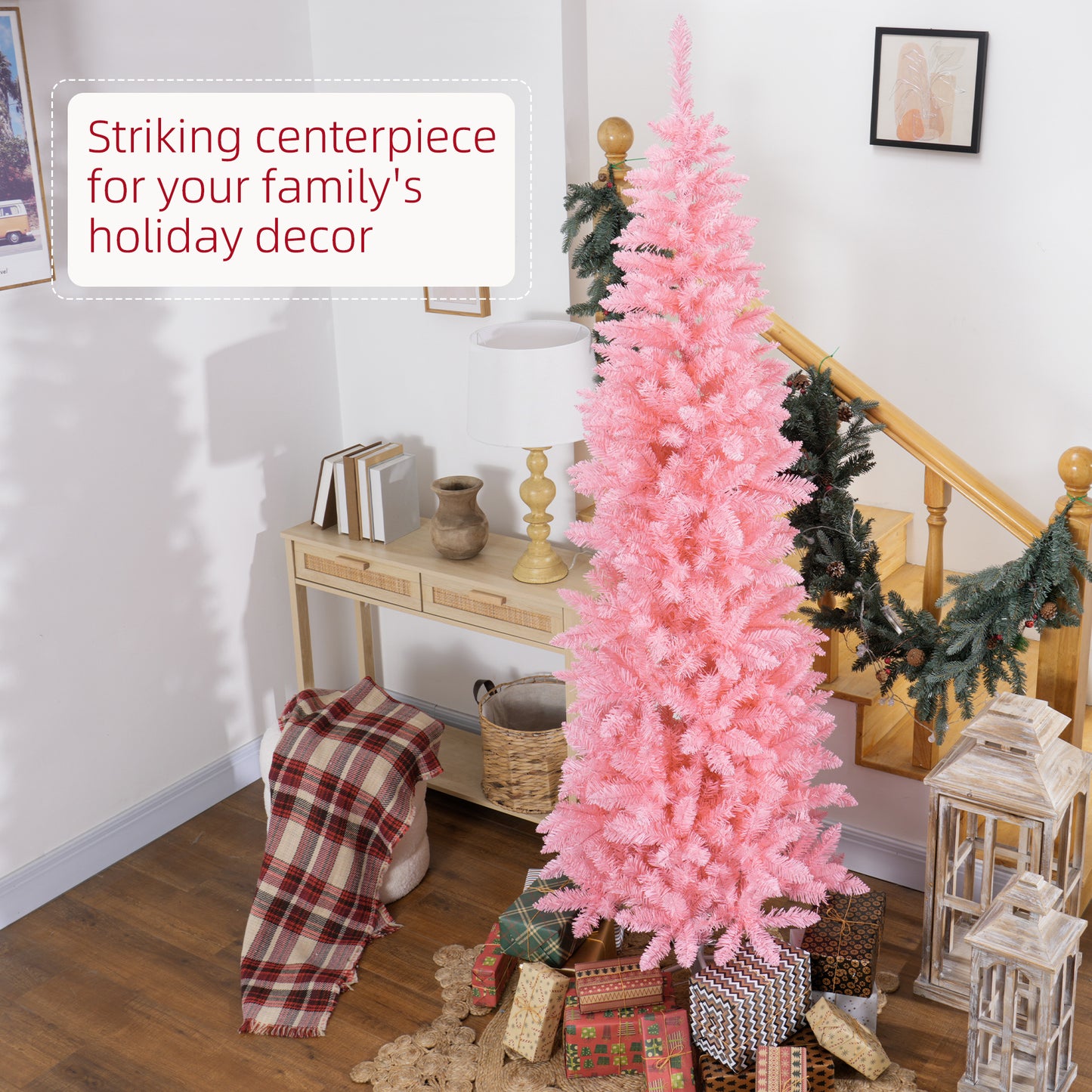 7ft Tall Pencil Artificial Christmas Tree with 687 Branch Tips with Steel Base, Pink Pencil Christmas Trees   at Gallery Canada