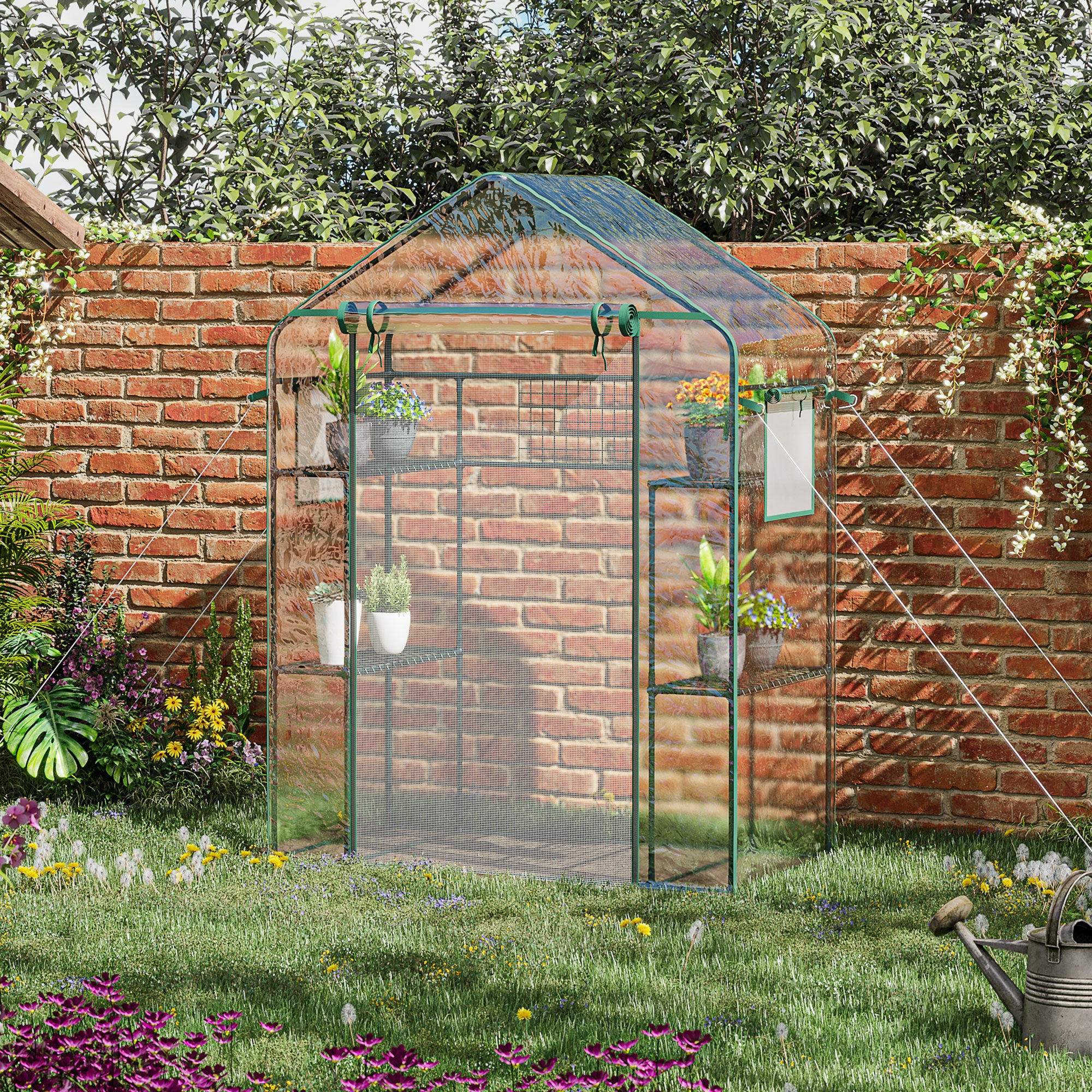 3-Tier Mini Greenhouse, Walk-in Greenhouse, Garden Hot House with 4 Shelves, Roll-Up Door, Mesh Windows, Trellis and Plant Labels, 56