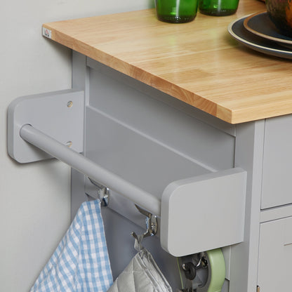 Rolling Kitchen Island with Storage, Kitchen Cart with Rubber Wood Top, Adjustable Shelf, Towel Rack, Hooks and Storage Drawers, Grey Kitchen Islands & Kitchen Carts   at Gallery Canada