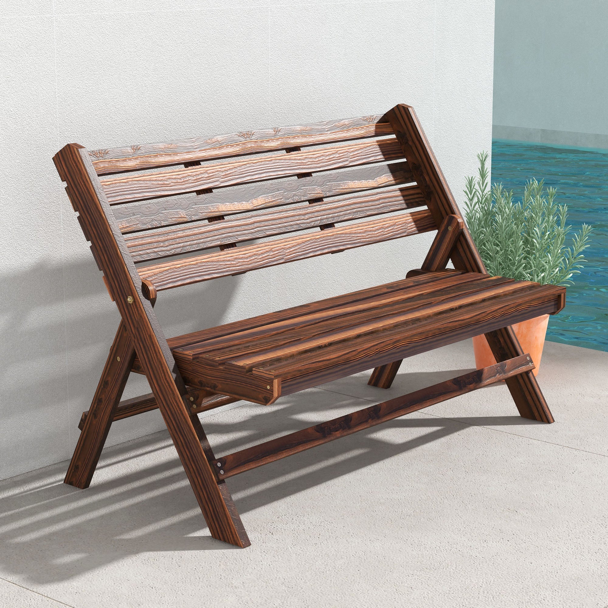 2-Seater Wooden Outdoor Bench, Foldable Garden Bench with Slatted Backrest and Seat, Patio Loveseat, Carbonised Finish Outdoor Benches at Gallery Canada