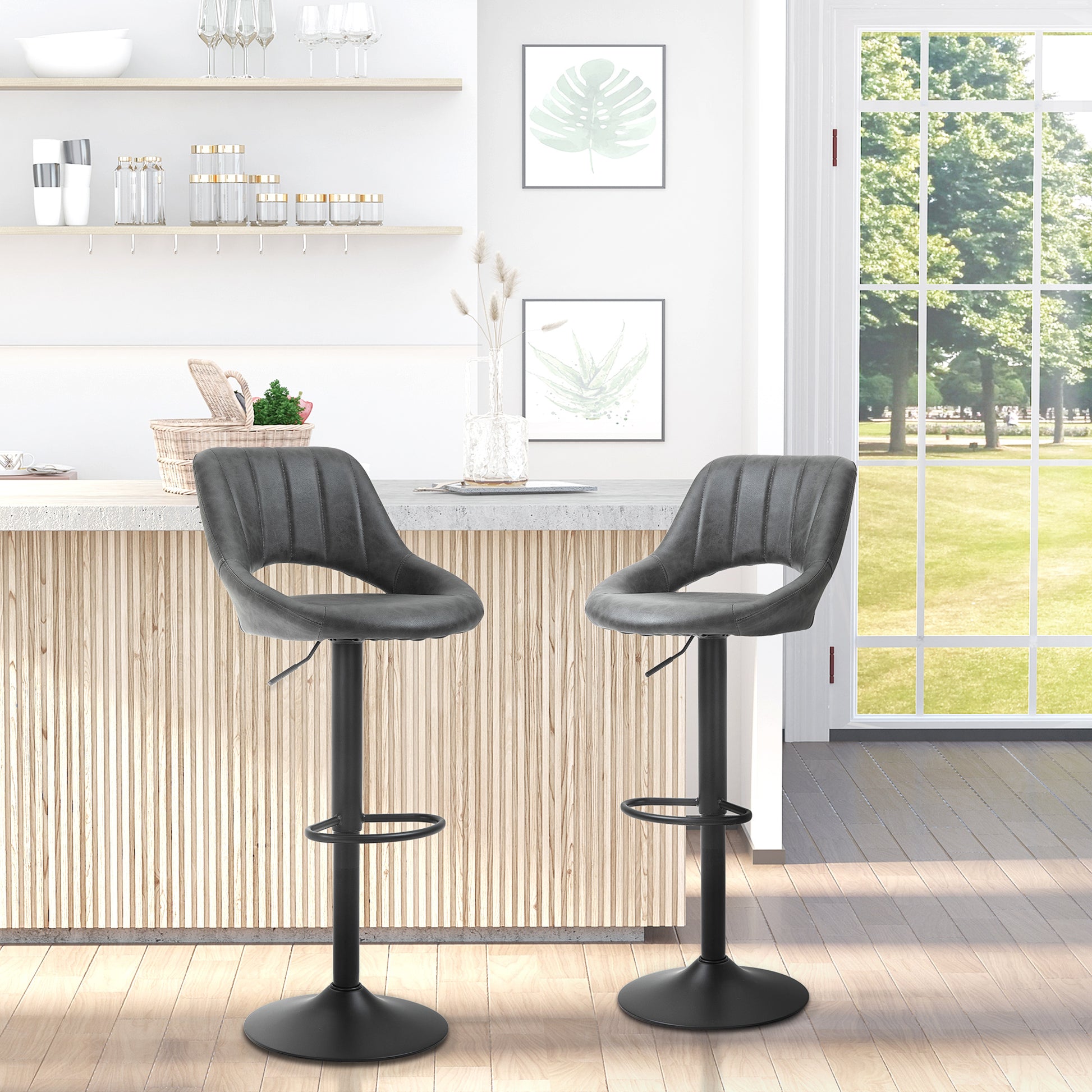 Set of 2 Adjustable Bar Stools with PU Upholstered Back, Footrest, Round Base for Kitchen, Dining Room, Grey Bar Stools   at Gallery Canada