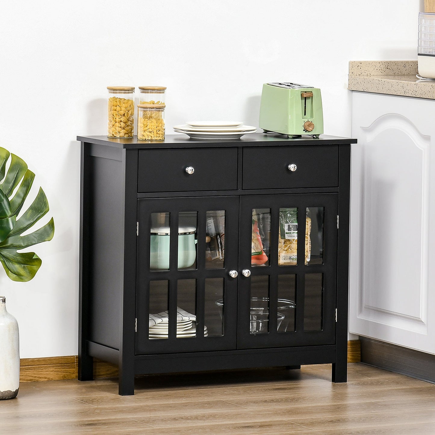 Sideboard Buffet Cabinet, Accent Kitchen Cabinet with Glass Doors, Adjustable Shelf and 2 Drawers for Dining Room, Black Bar Cabinets   at Gallery Canada